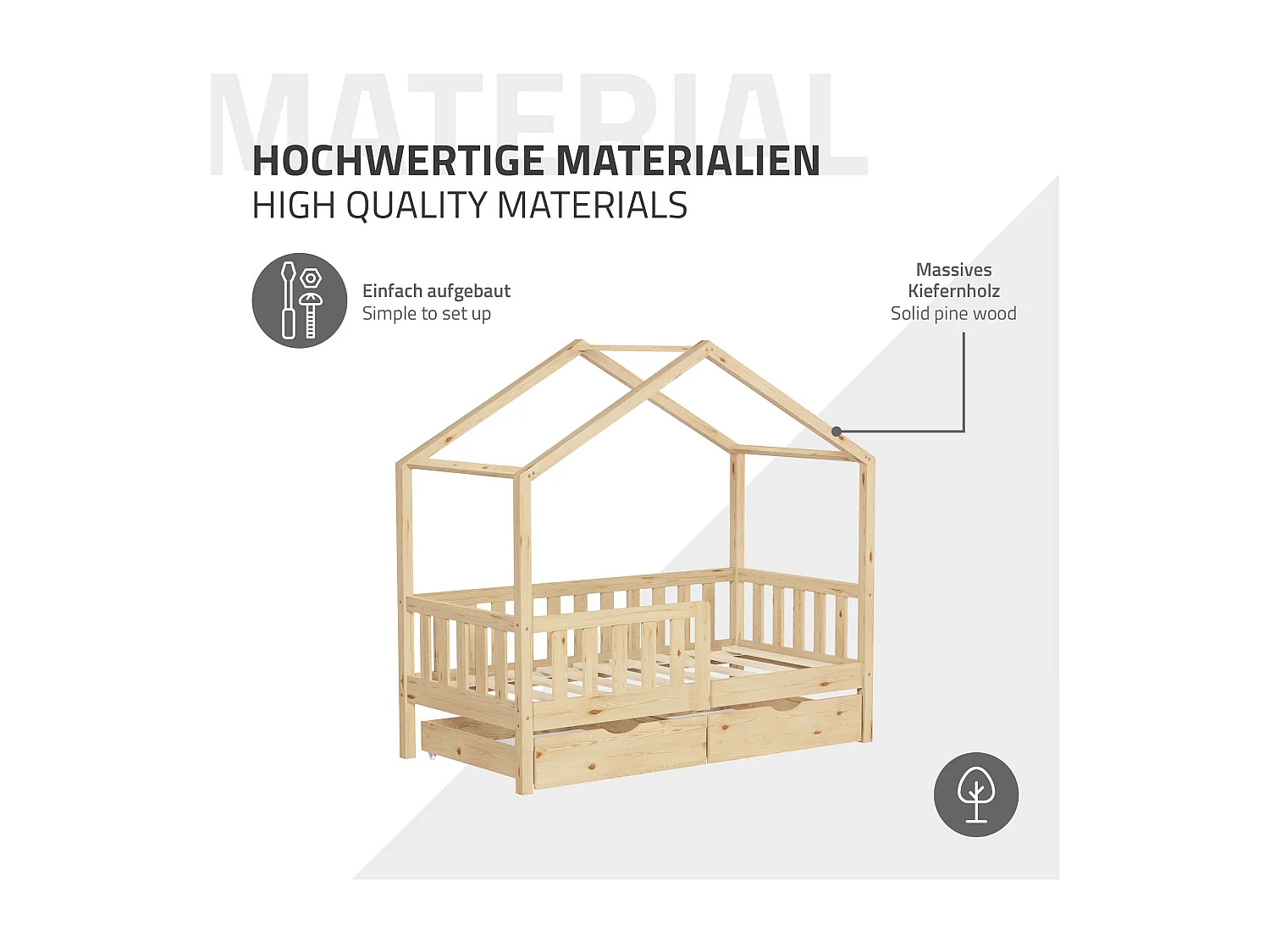 Lit cabane enfant 70x140 cm naturel avec matelas et 2 tiroirs en bois de pin massif protection antichute toit et sommier à lattes cadre montessori