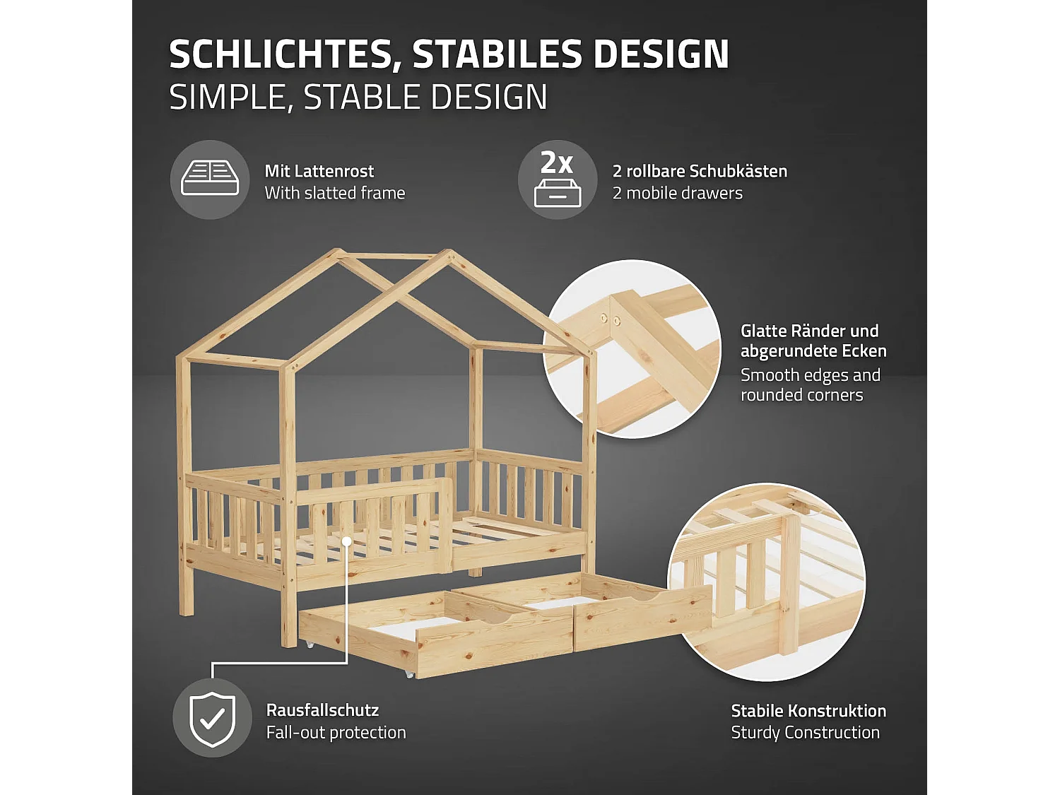 Lit cabane enfant 70x140 cm naturel avec matelas et 2 tiroirs en bois de pin massif protection antichute toit et sommier à lattes cadre montessori