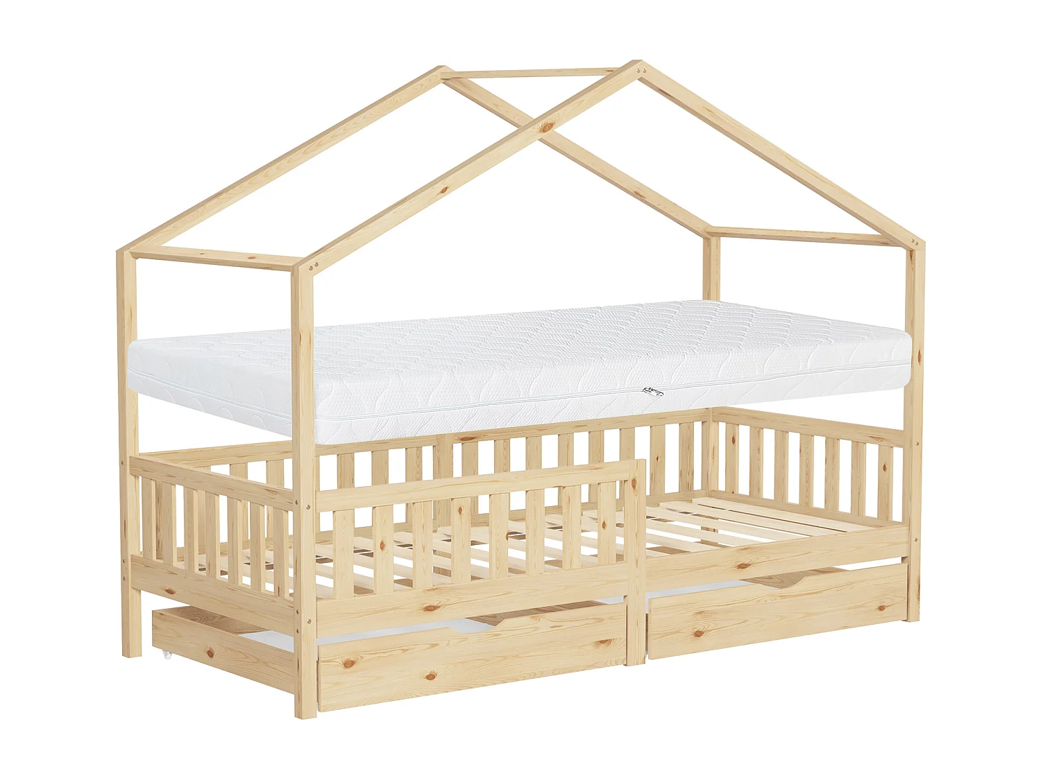 Lit cabane enfant 90x200 cm naturel avec matelas H16 cm et 2 tiroirs en bois massif protection antichute toit et sommier à lattes cadre montessori