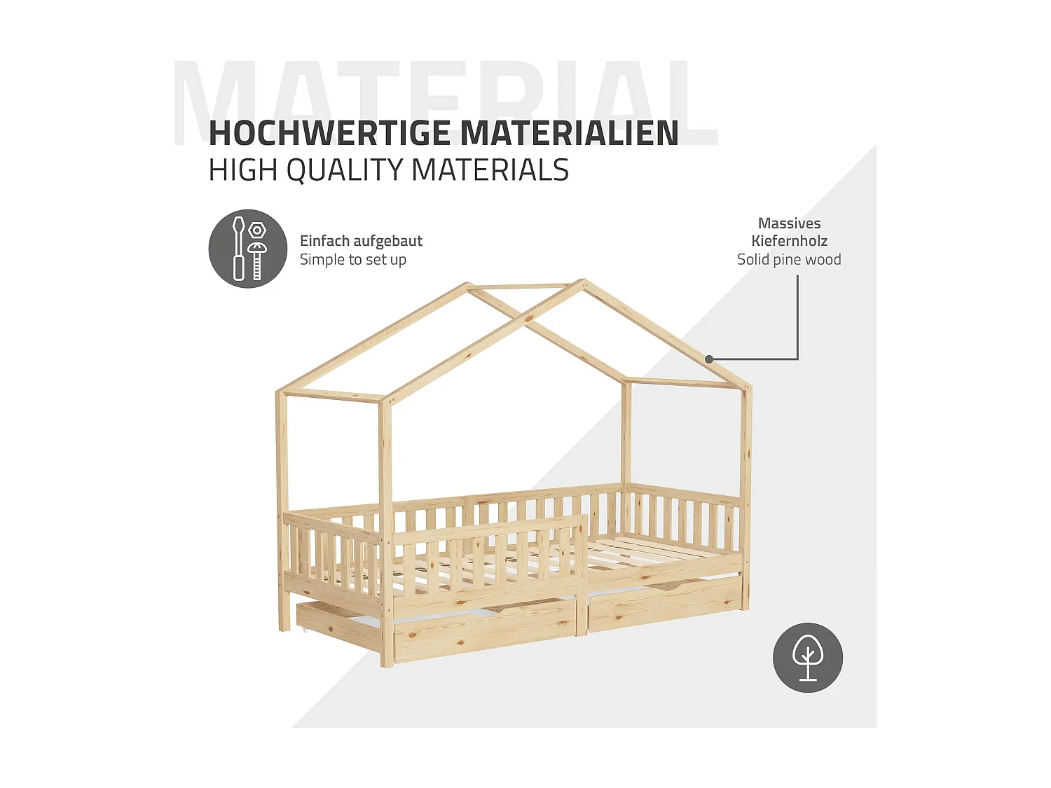 Lit cabane enfant 90x200 cm naturel avec matelas H16 cm et 2 tiroirs en bois massif protection antichute toit et sommier à lattes cadre montessori