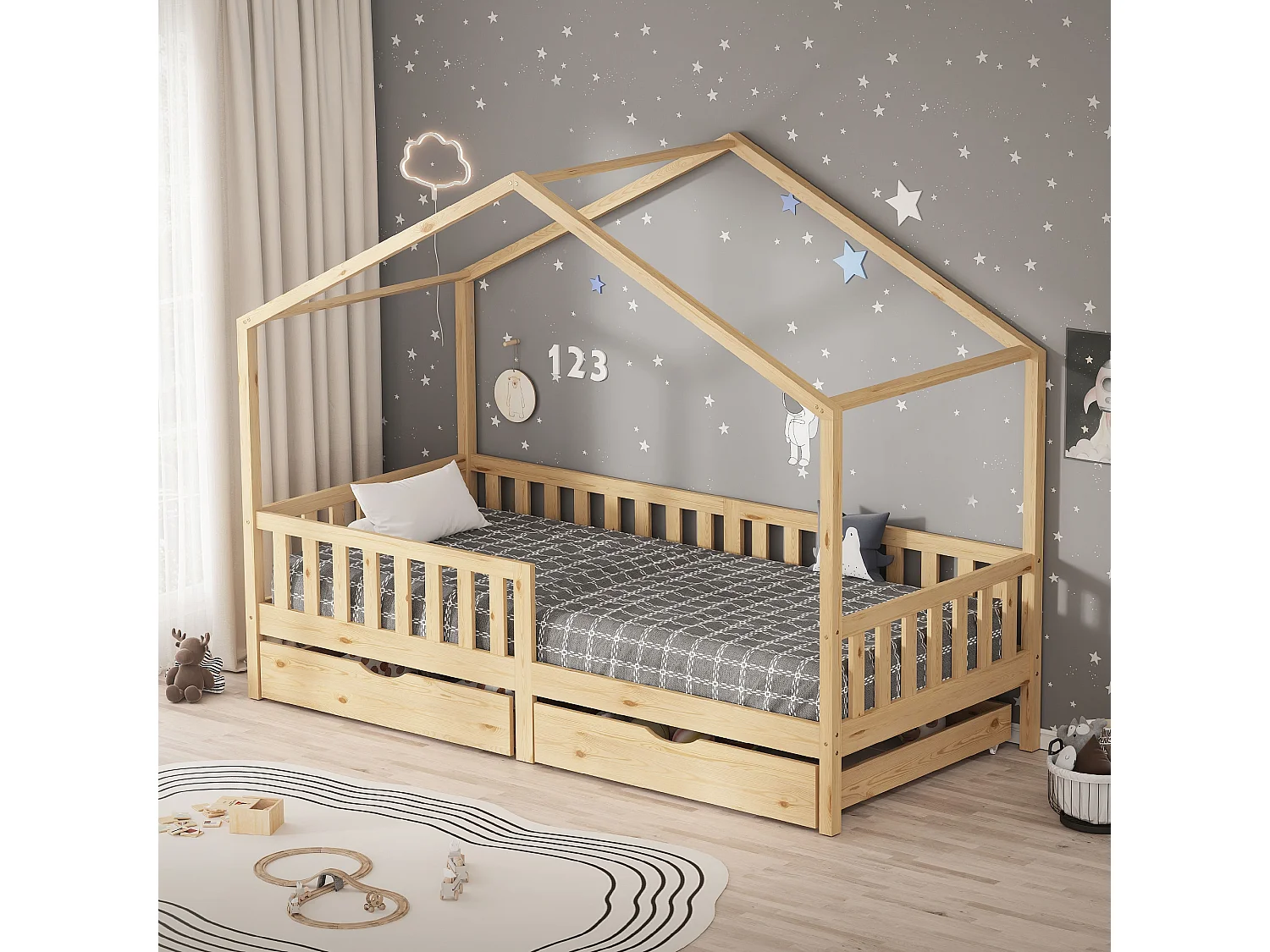 Lit cabane enfant 90x200cm naturel en bois avec 2 tiroirs protection antichute toit et sommier à lattes couchage au bas style maison pour fille garçon