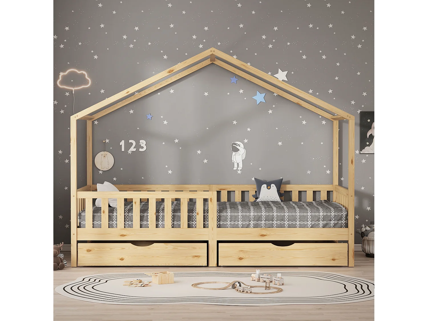 Lit cabane enfant 90x200cm naturel en bois avec 2 tiroirs protection antichute toit et sommier à lattes couchage au bas style maison pour fille garçon