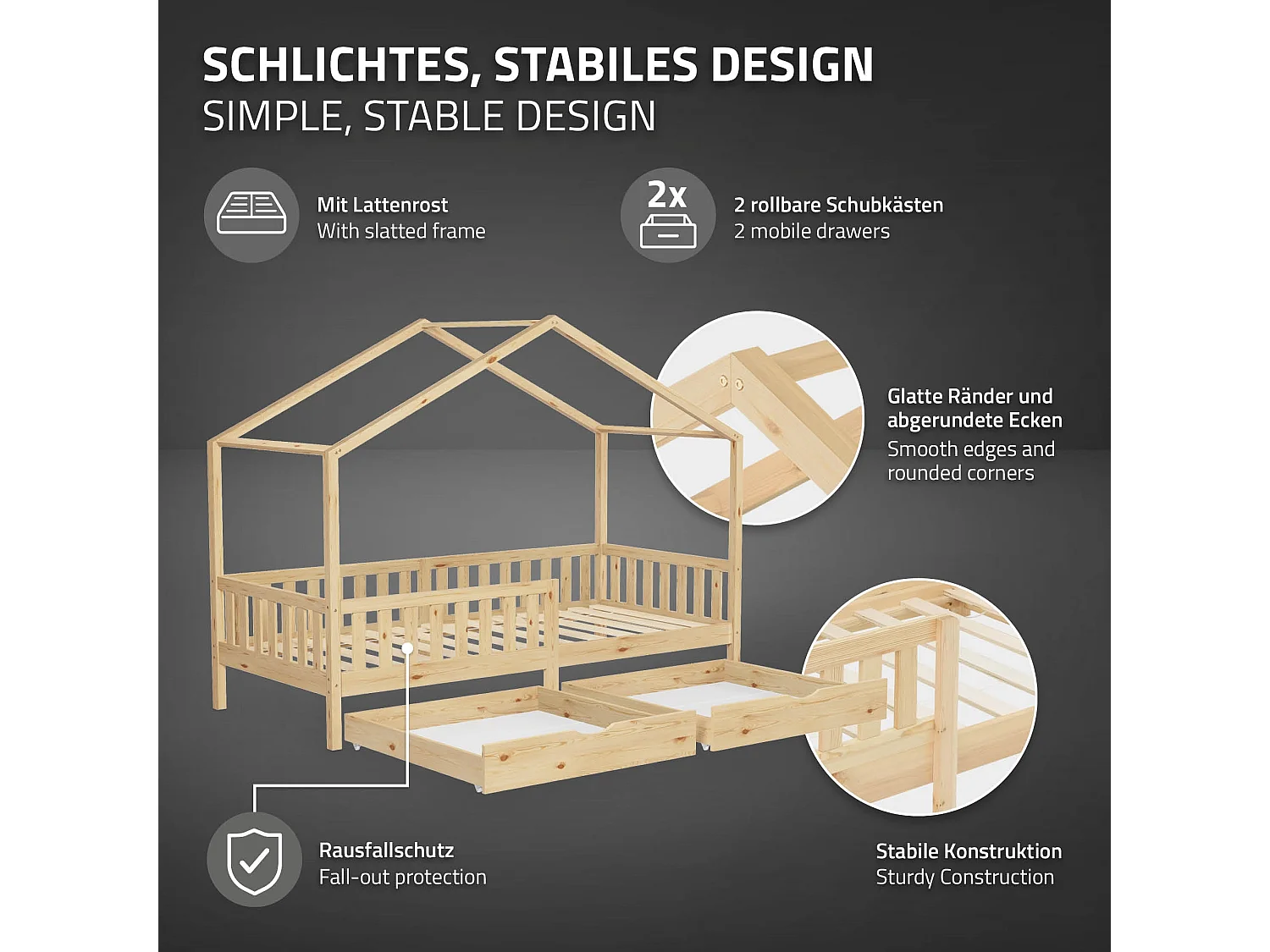 Lit cabane enfant 90x200cm naturel en bois avec 2 tiroirs protection antichute toit et sommier à lattes couchage au bas style maison pour fille garçon