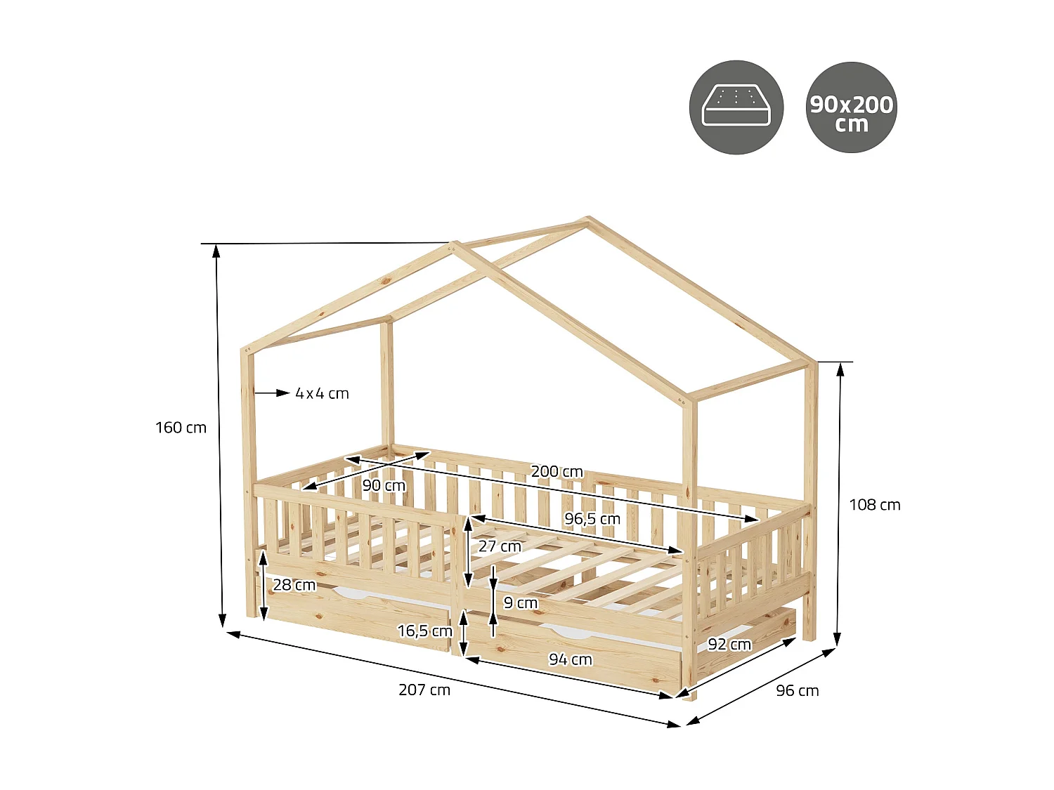Lit cabane enfant 90x200cm naturel en bois avec 2 tiroirs protection antichute toit et sommier à lattes couchage au bas style maison pour fille garçon