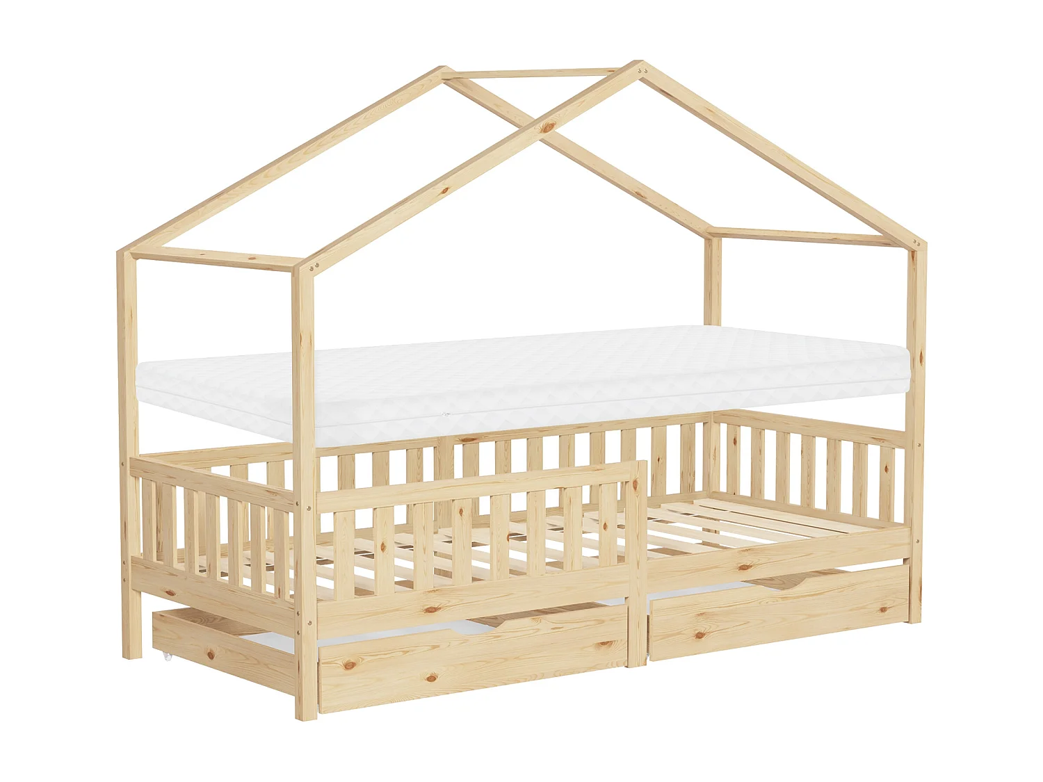 Lit cabane enfant 90x200 cm naturel avec matelas H10 cm et 2 tiroirs en bois massif protection antichute toit et sommier à lattes cadre montessori
