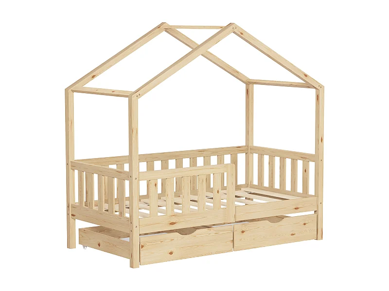 ML-Design Cama infantil forma casa 70x140cm madera natural maciza de pino litera junior con 2 cajones, somier de láminas, techo y protección anticaída