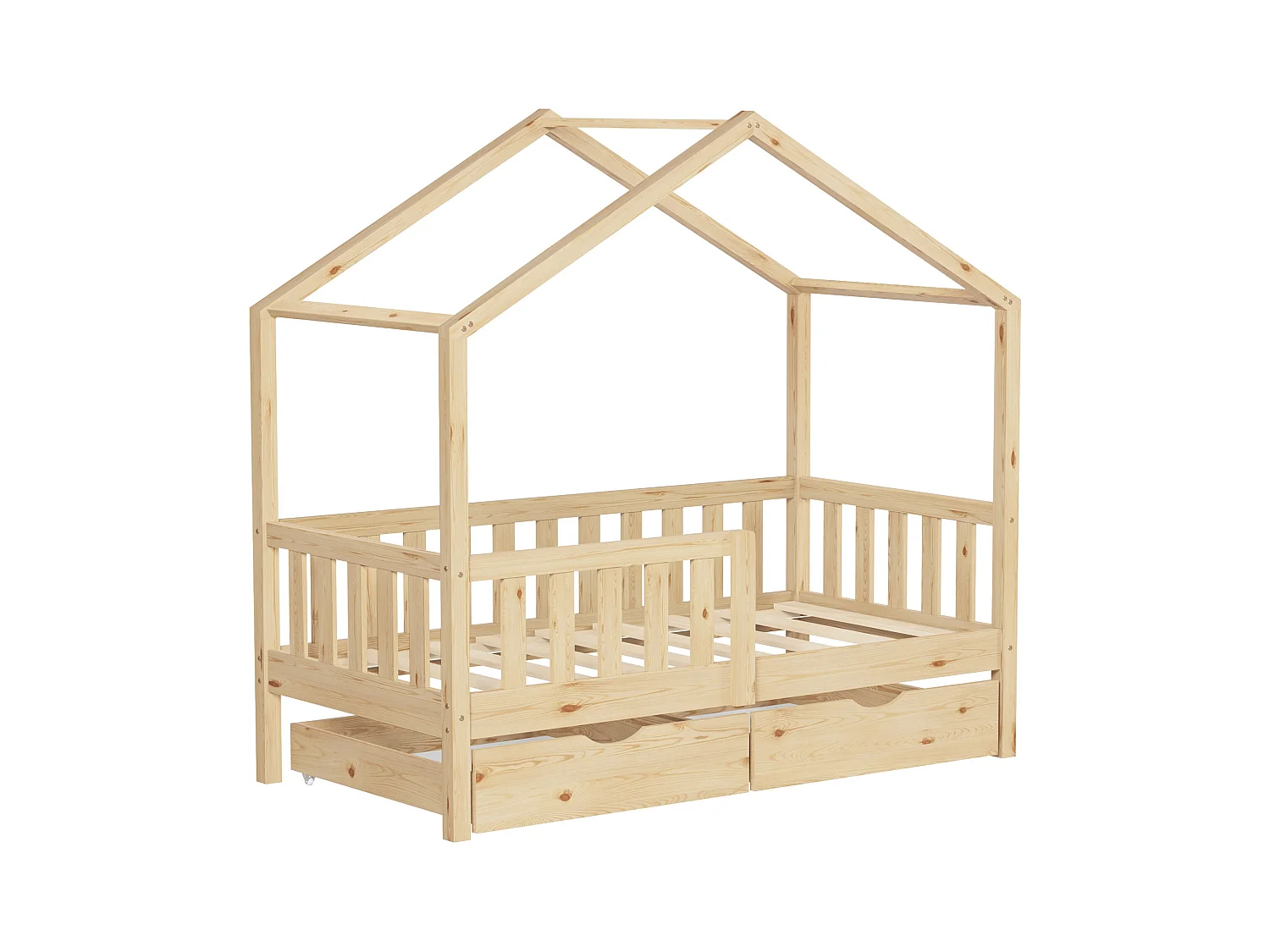ML-Design Cama infantil forma casa 70x140cm madera natural maciza de pino litera junior con 2 cajones, somier de láminas, techo y protección anticaída