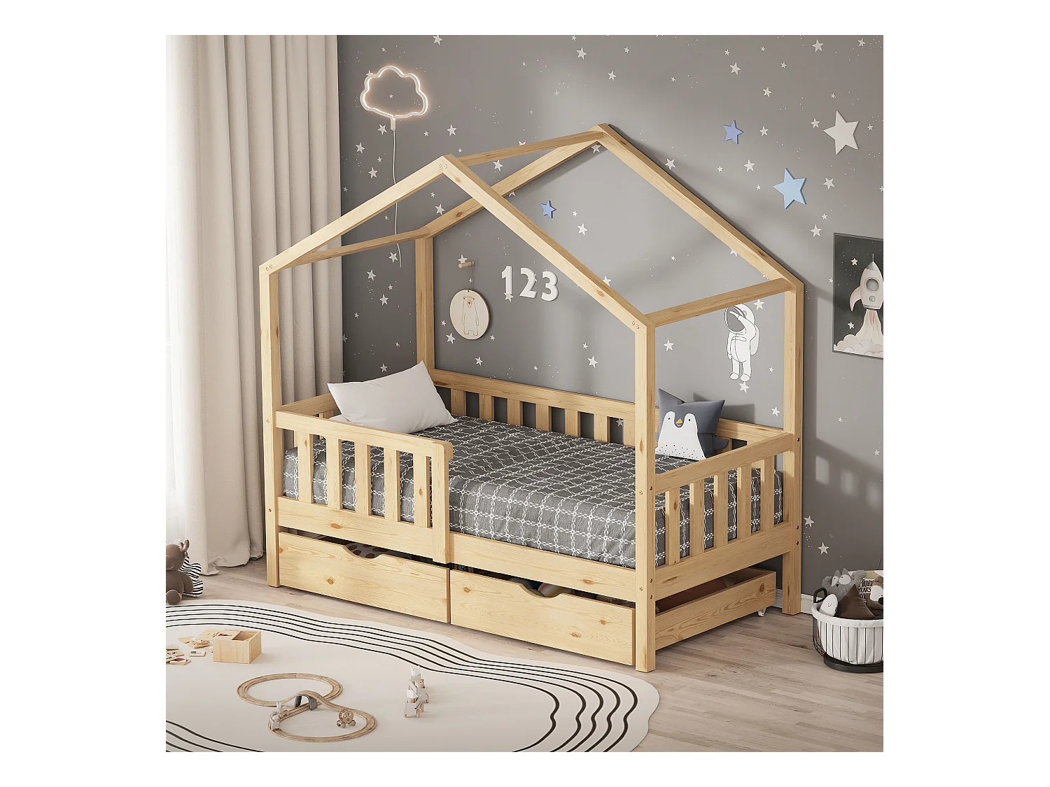 ML-Design Cama infantil forma casa 70x140cm madera natural maciza de pino litera junior con 2 cajones, somier de láminas, techo y protección anticaída