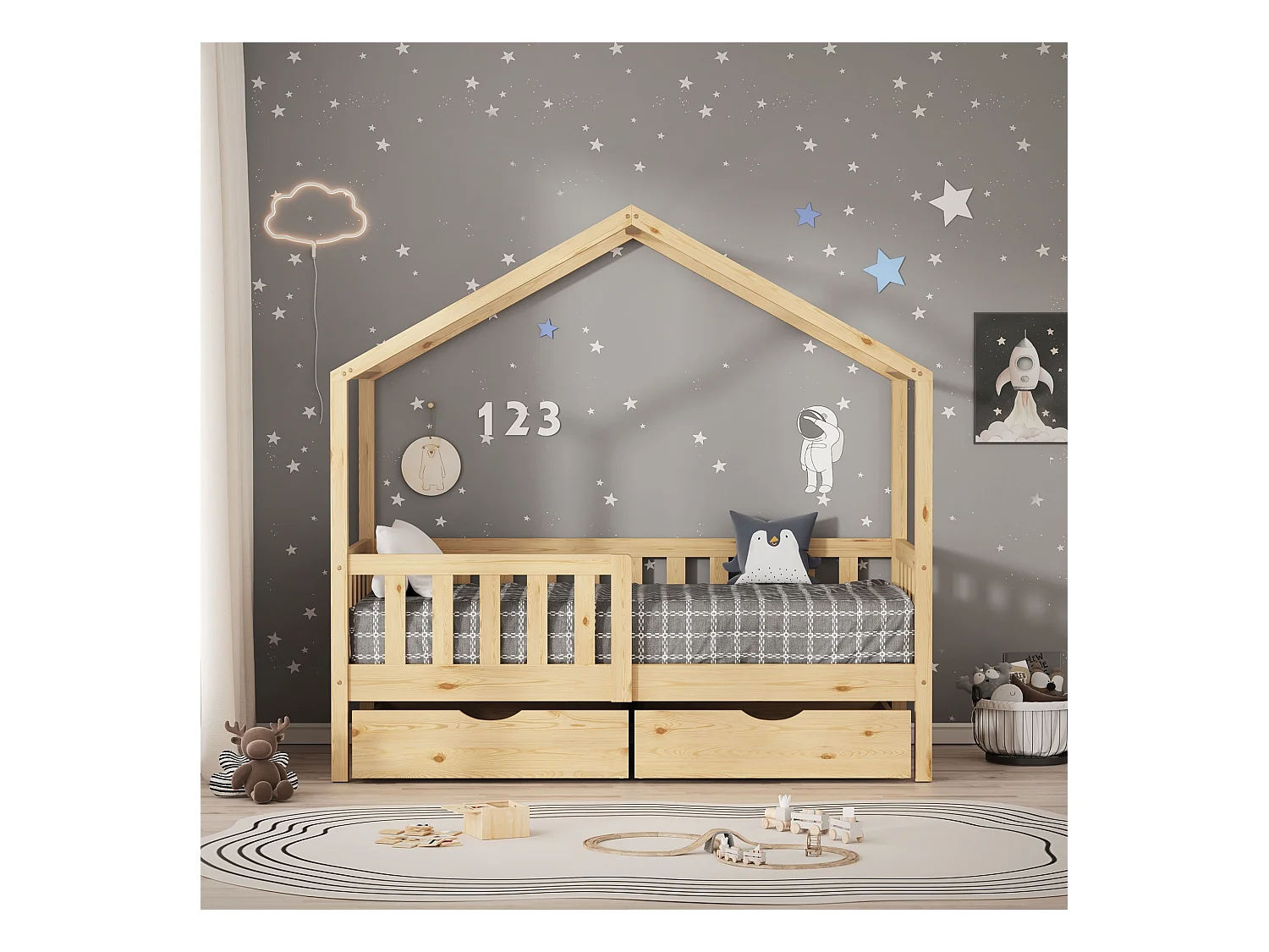 ML-Design Cama infantil forma casa 70x140cm madera natural maciza de pino litera junior con 2 cajones, somier de láminas, techo y protección anticaída