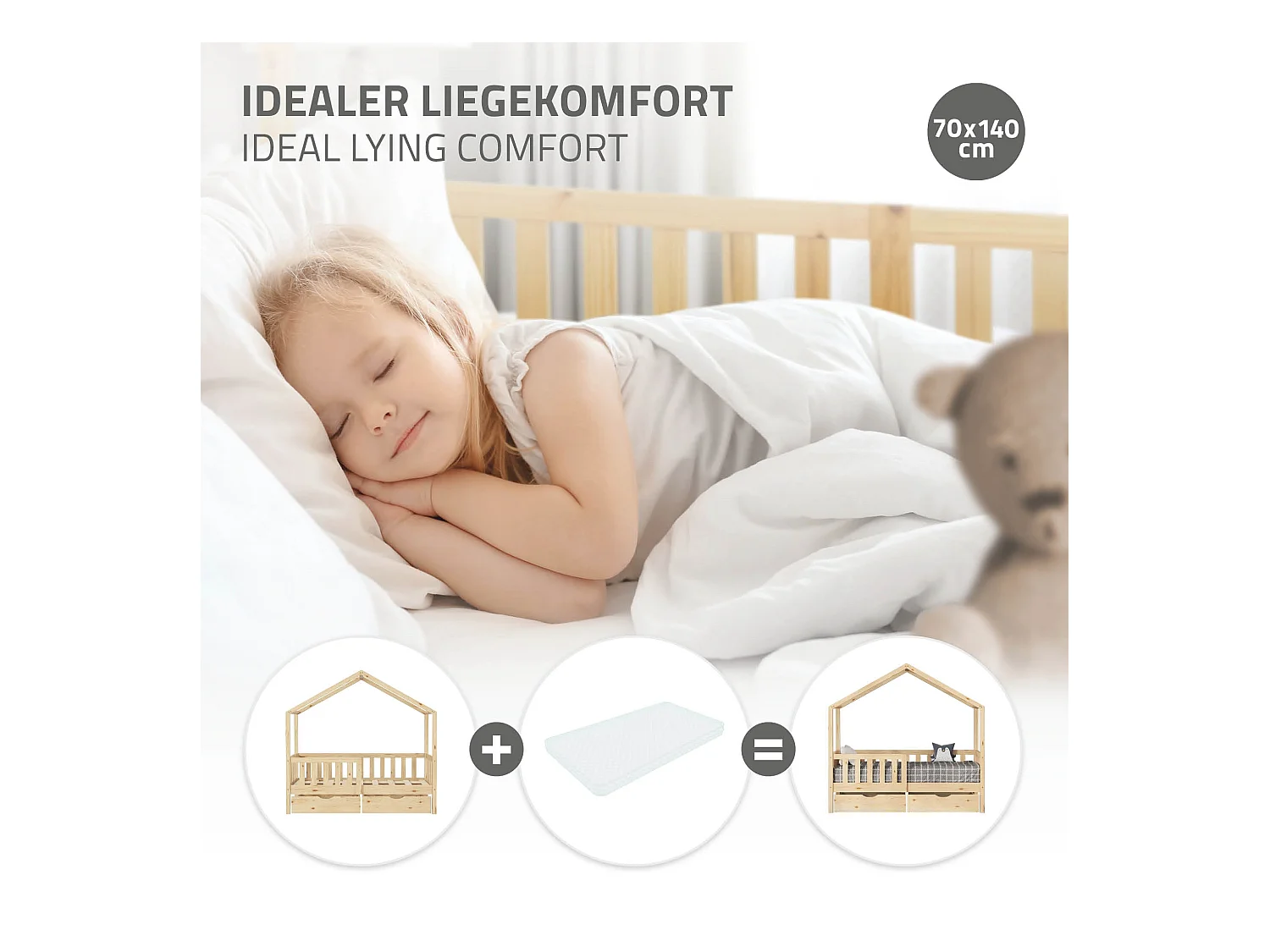 ML-Design Cama infantil forma casa 70x140cm madera natural maciza de pino litera junior con 2 cajones, somier de láminas, techo y protección anticaída