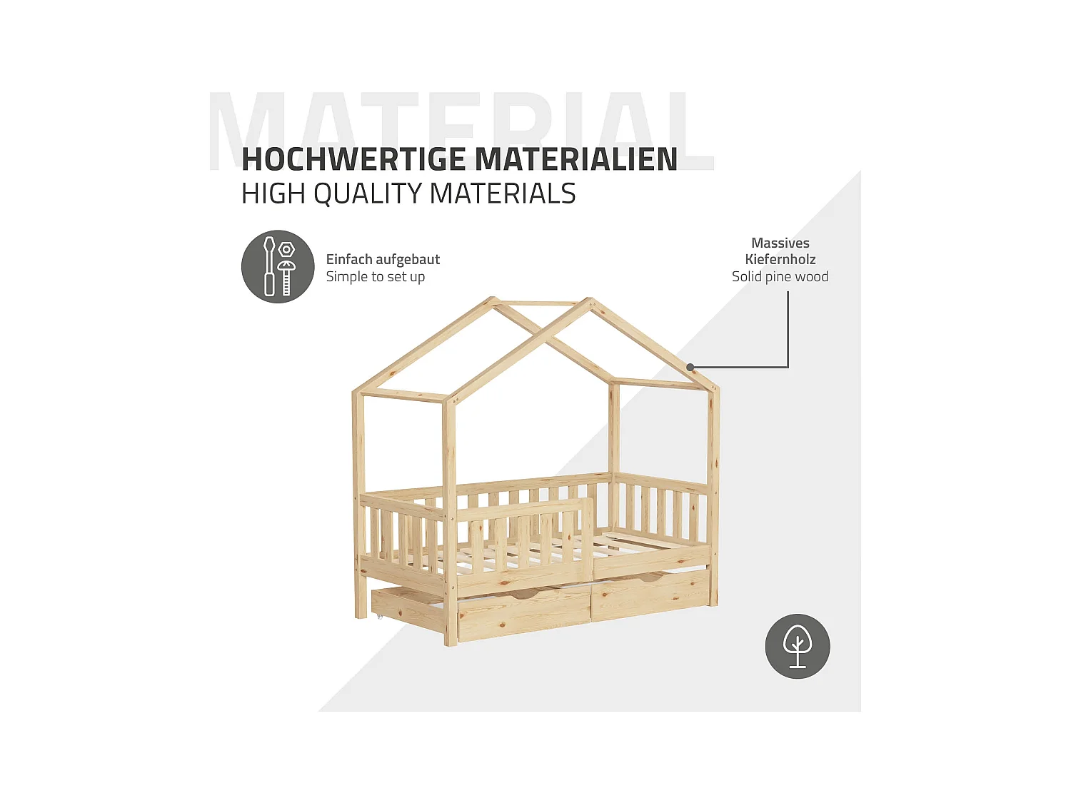 ML-Design Cama infantil forma casa 70x140cm madera natural maciza de pino litera junior con 2 cajones, somier de láminas, techo y protección anticaída