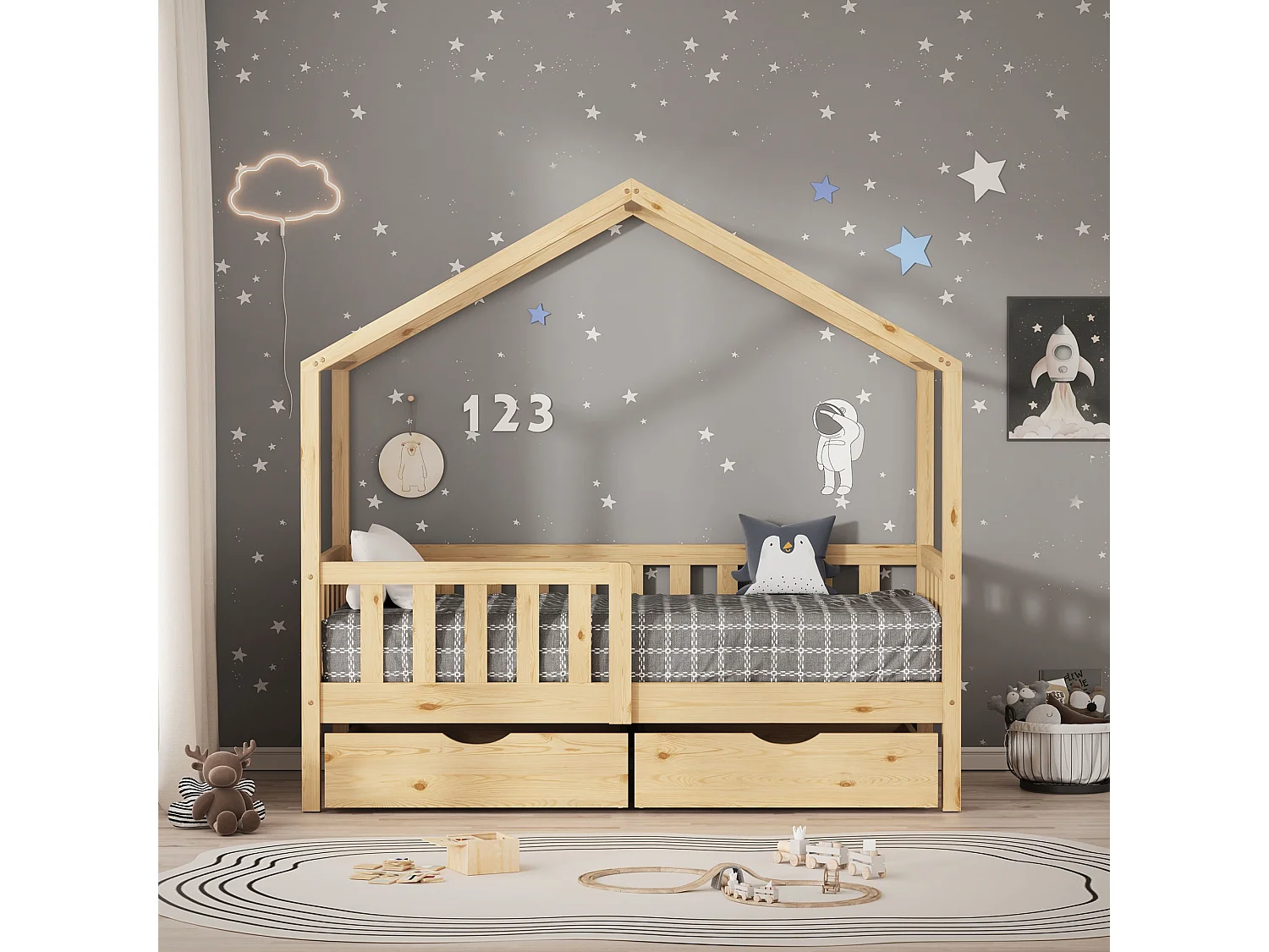 ML-Design Letto a casetta per bambini 70x140 cm in legno di pino naturale con 2 cassetti contenitore e rete a doghe, letto per cameretta bimbi