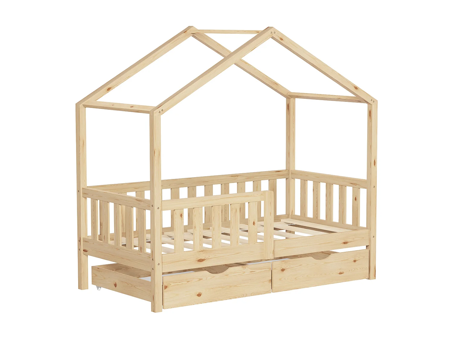 Lit cabane enfant 70x140cm naturel en bois avec 2 tiroirs protection antichute toit et sommier à lattes couchage au bas style maison pour fille garçon