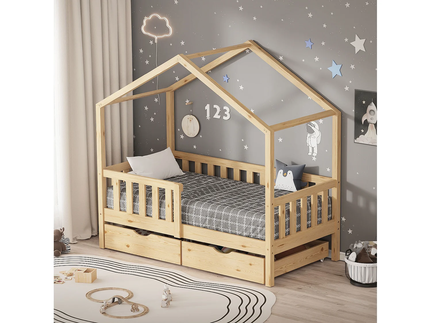 Lit cabane enfant 70x140cm naturel en bois avec 2 tiroirs protection antichute toit et sommier à lattes couchage au bas style maison pour fille garçon