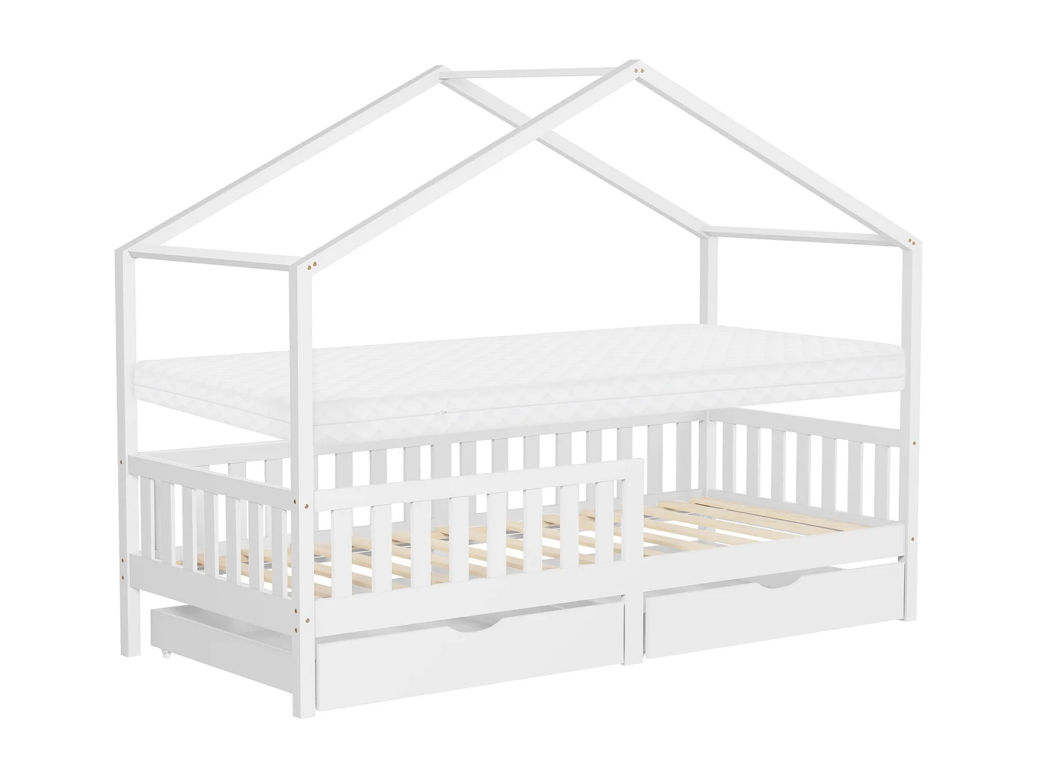 Lit cabane enfant 90x200 cm blanc avec matelas H10 cm et 2 tiroirs en bois massif protection antichute toit et sommier à lattes cadre montessori