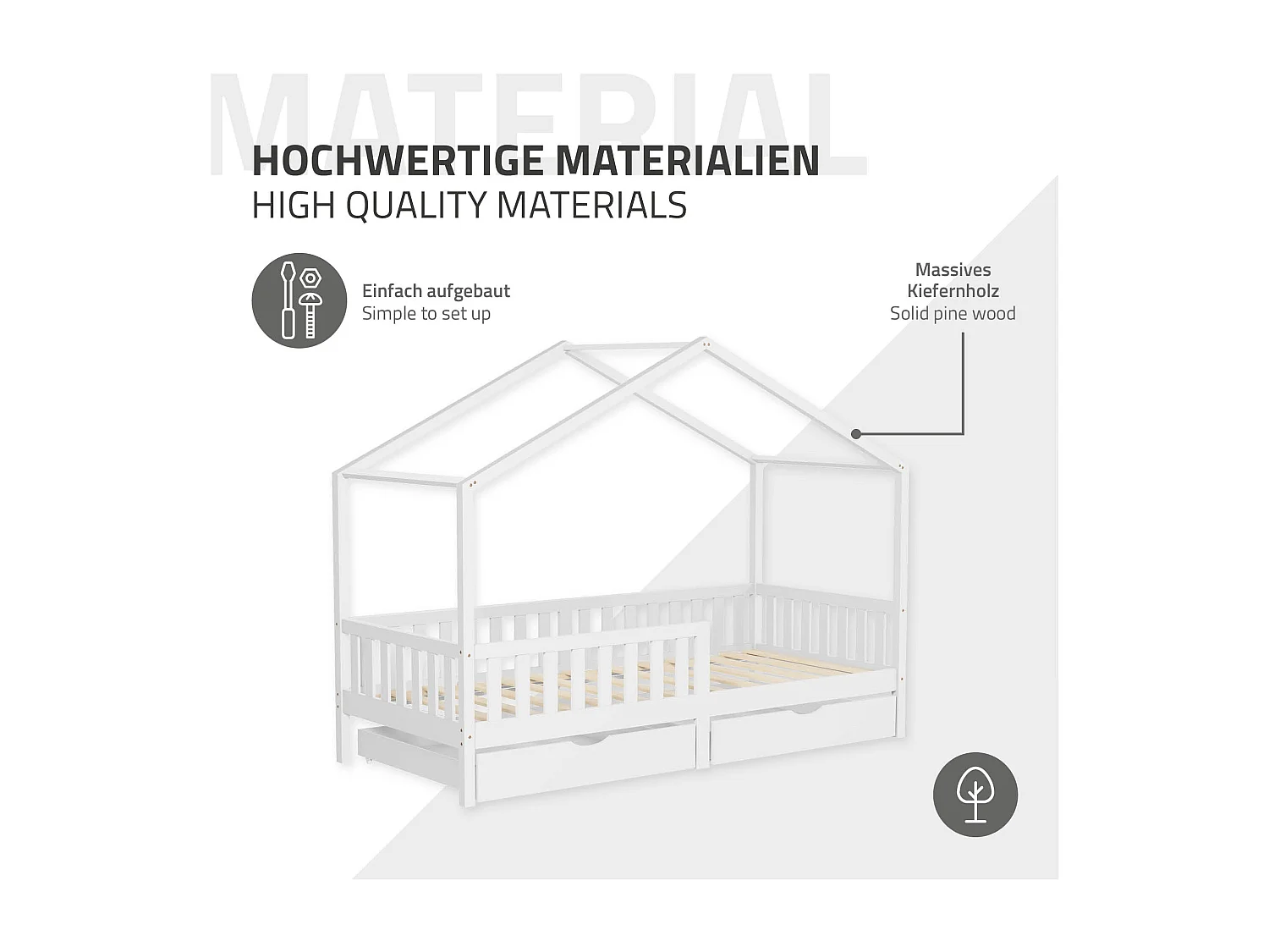 Lit cabane enfant 90x200 cm blanc avec matelas H10 cm et 2 tiroirs en bois massif protection antichute toit et sommier à lattes cadre montessori