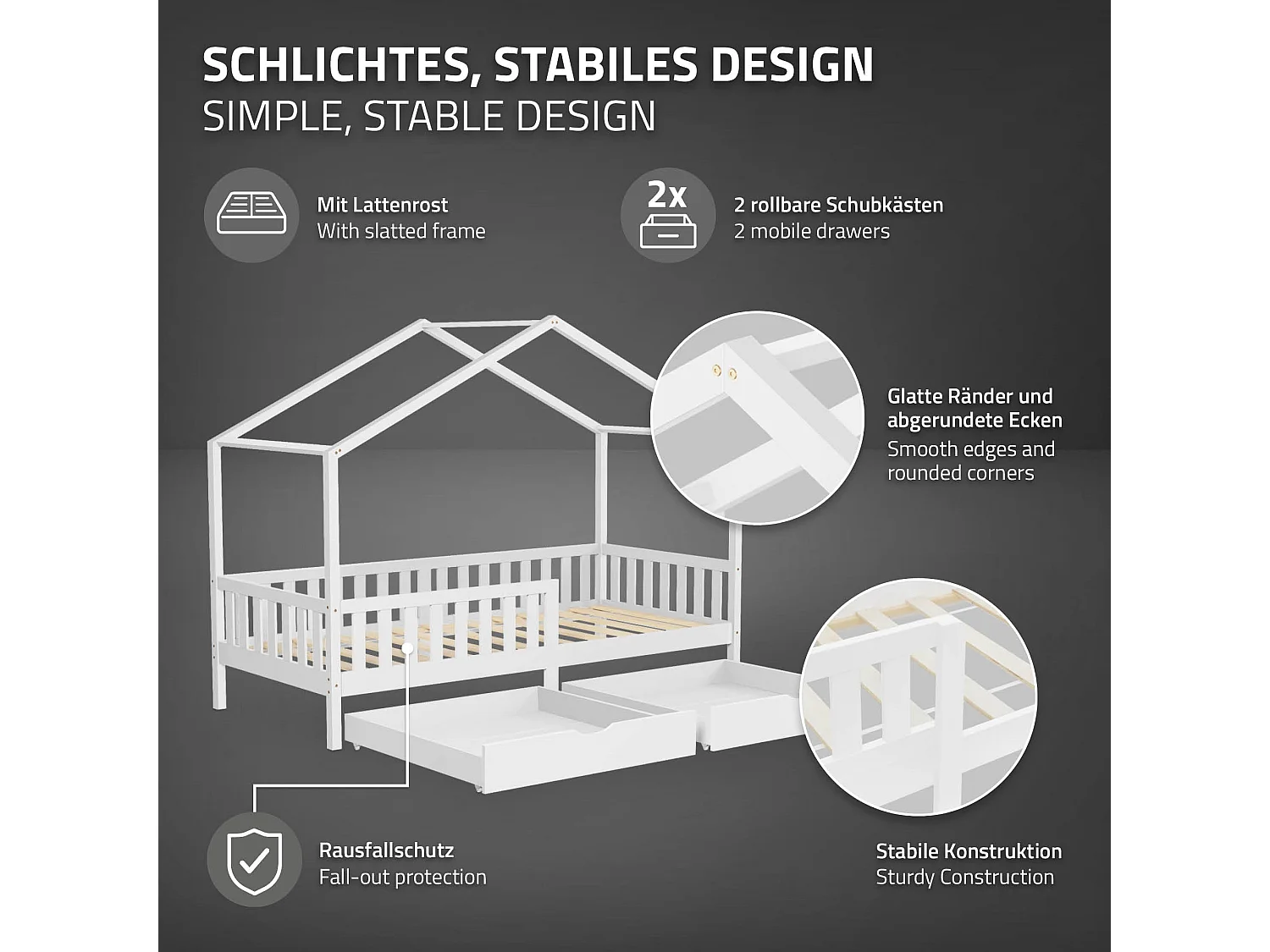 Lit cabane enfant 90x200 cm blanc avec matelas H10 cm et 2 tiroirs en bois massif protection antichute toit et sommier à lattes cadre montessori