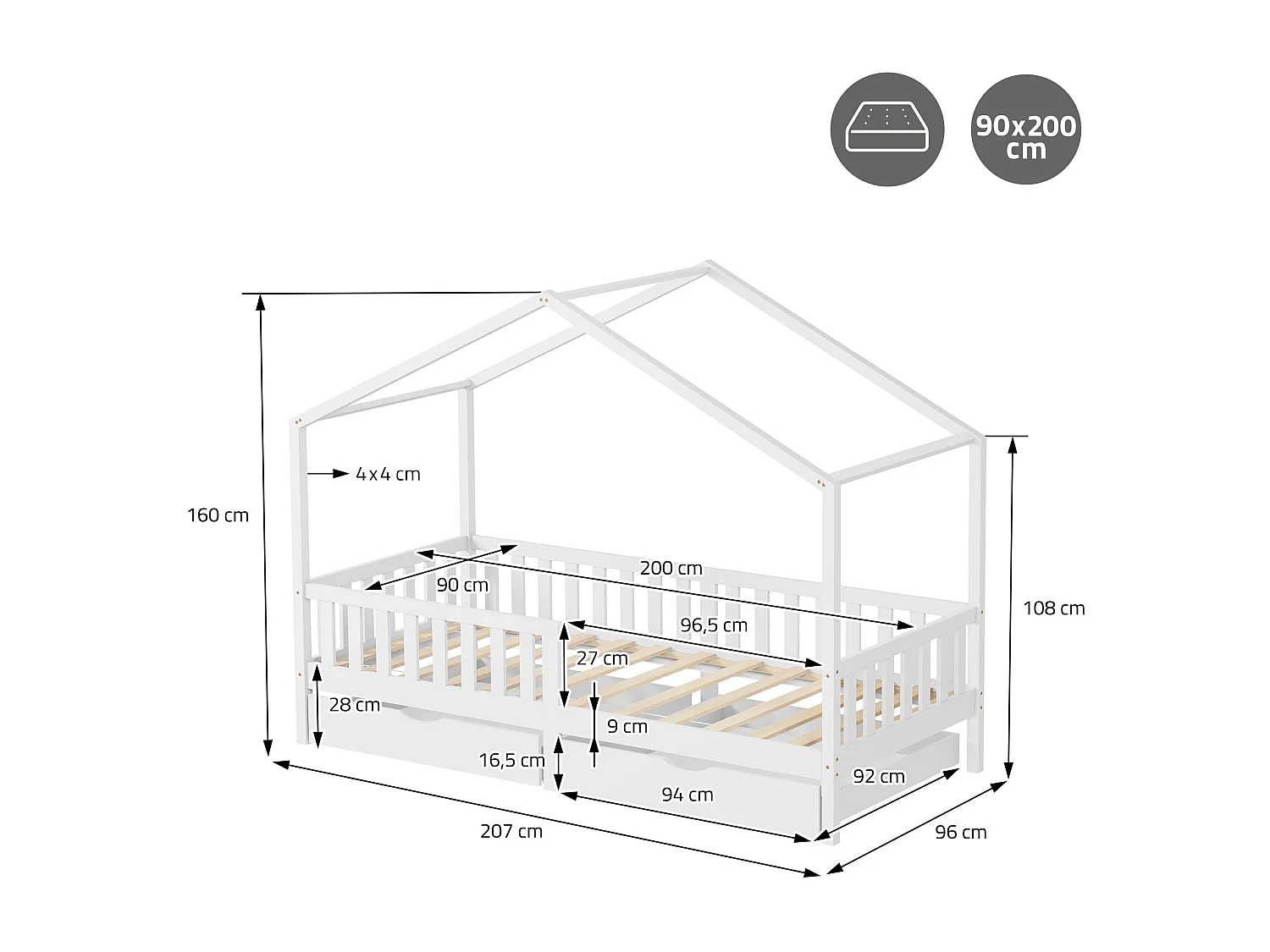 Lit cabane enfant 90x200 cm blanc avec matelas H10 cm et 2 tiroirs en bois massif protection antichute toit et sommier à lattes cadre montessori
