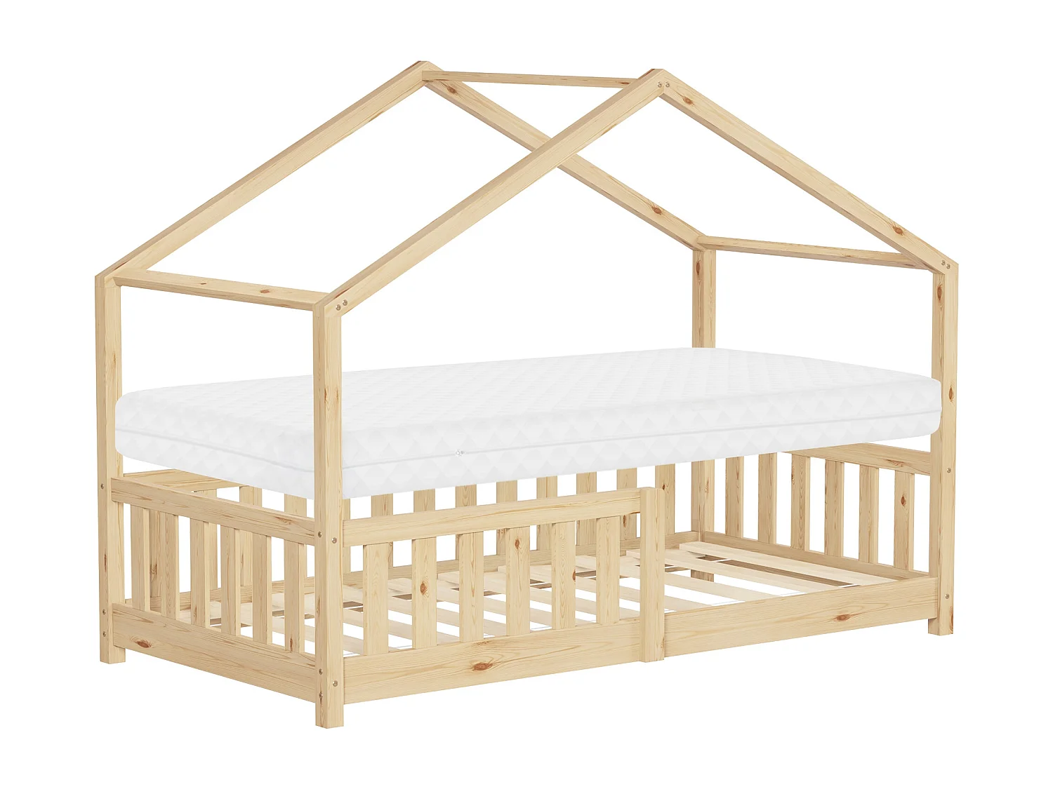 Lit cabane enfant 80x160 cm naturel en pin massif avec matelas, antichute, toit et sommier à lattes, couchage au sol Montessori pour fille garçon