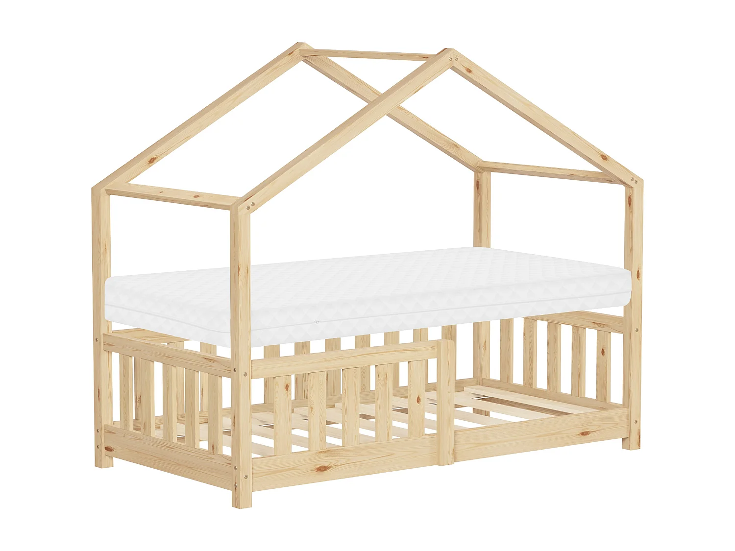 Lit cabane enfant 70x140 cm naturel en pin massif avec matelas, antichute, toit et sommier à lattes, couchage au sol Montessori pour fille garçon