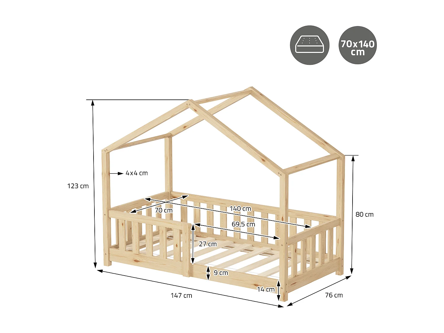 Lit cabane enfant 70x140 cm naturel en pin massif avec matelas, antichute, toit et sommier à lattes, couchage au sol Montessori pour fille garçon