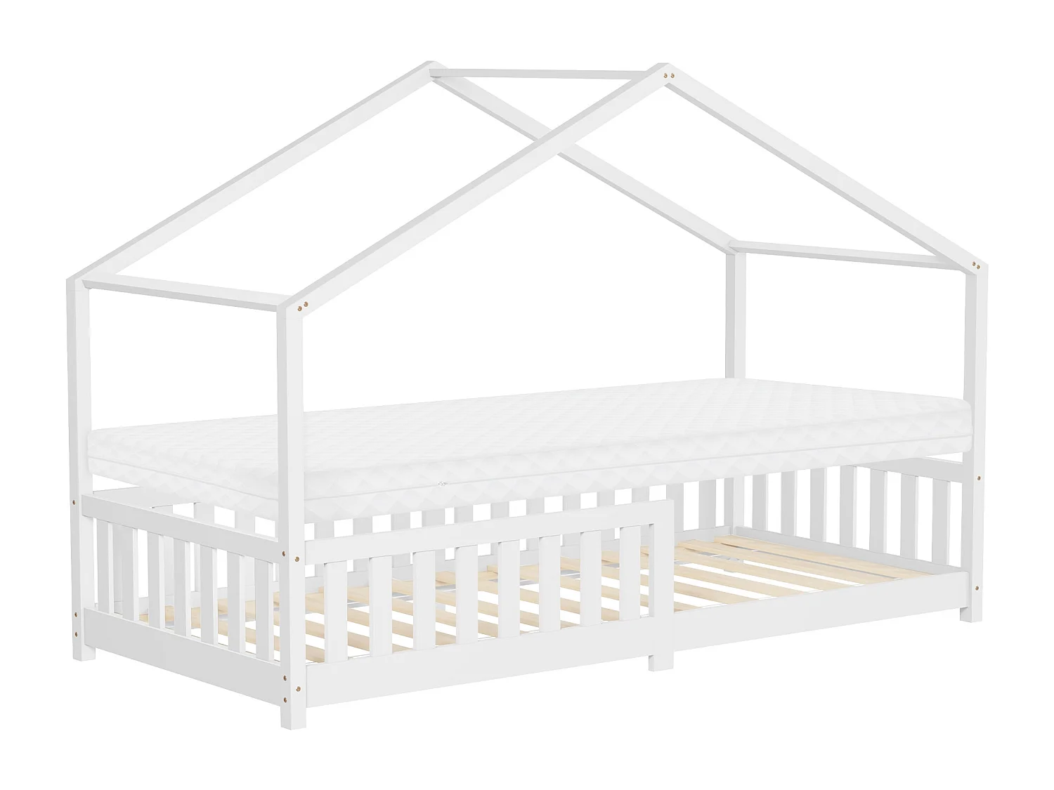 Lit cabane enfant 90x200 cm blanc pin massif avec matelas H10cm, antichute, toit et sommier à lattes, couchage au sol Montessori pour fille garçon