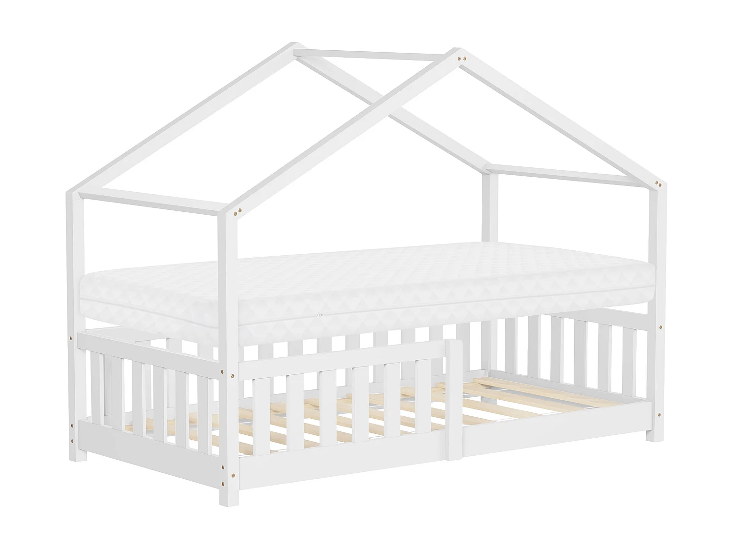 Lit cabane enfant 80x160 cm blanc en pin massif avec matelas, antichute, toit et sommier à lattes, couchage au sol Montessori pour fille garçon