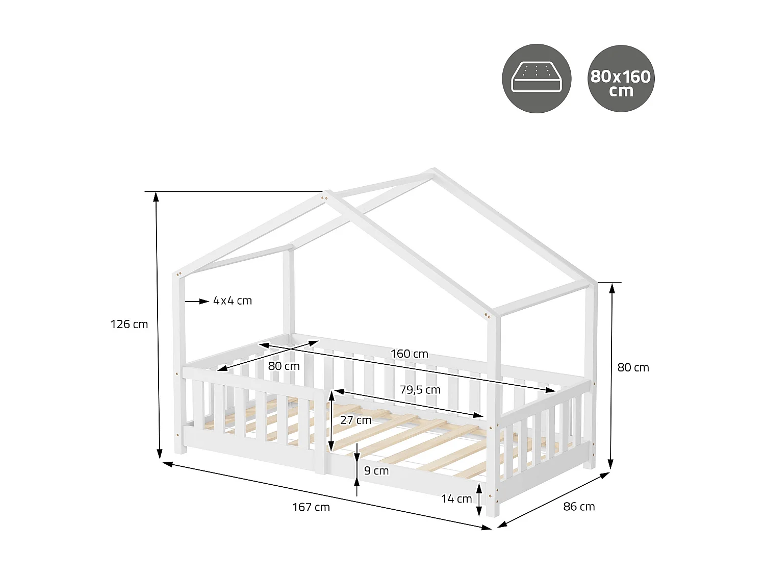 Lit cabane enfant 80x160 cm blanc en pin massif avec matelas, antichute, toit et sommier à lattes, couchage au sol Montessori pour fille garçon