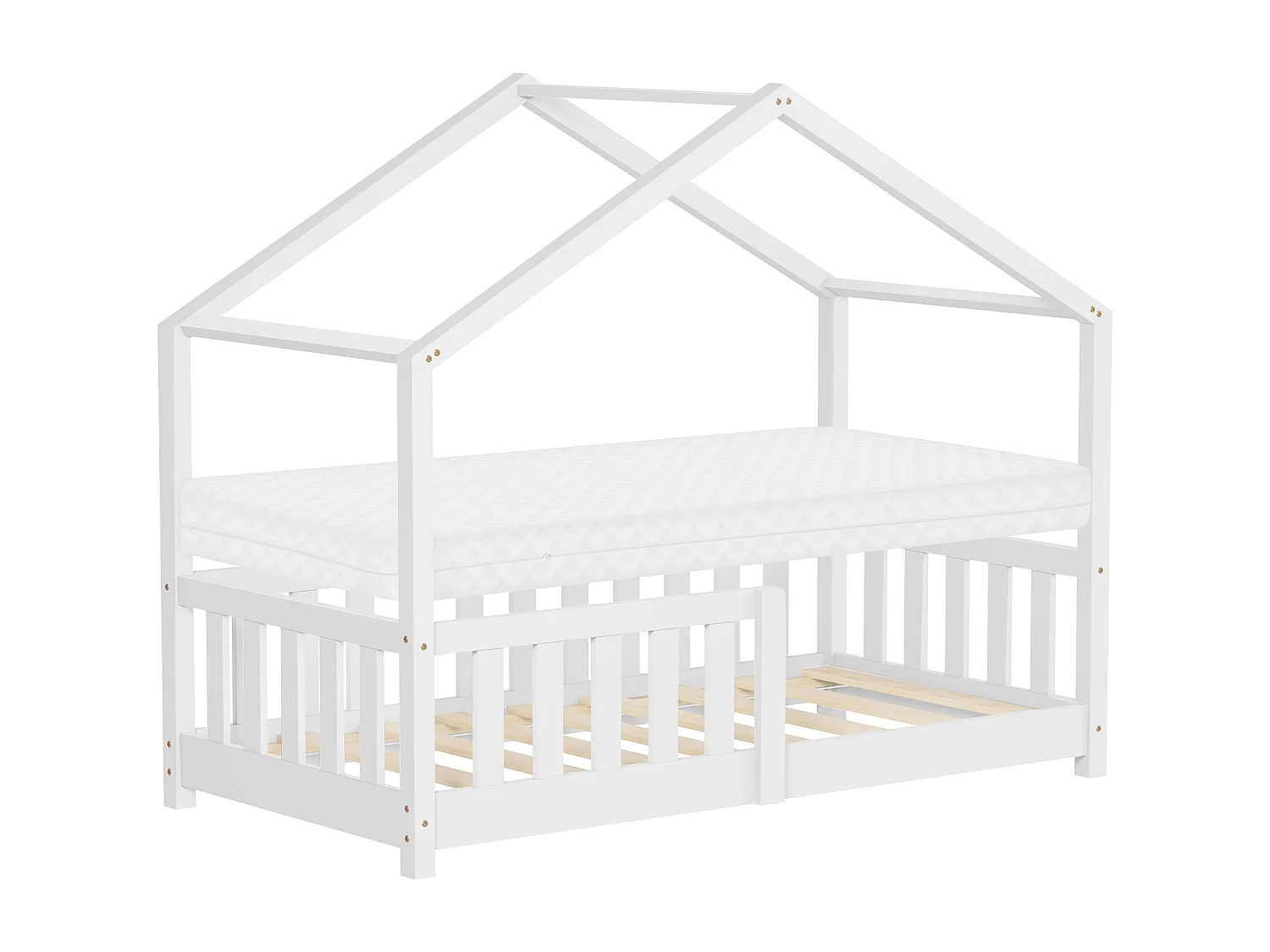 Lit cabane enfant 70x140 cm blanc en pin massif avec matelas, antichute, toit et sommier à lattes, couchage au sol Montessori pour fille garçon
