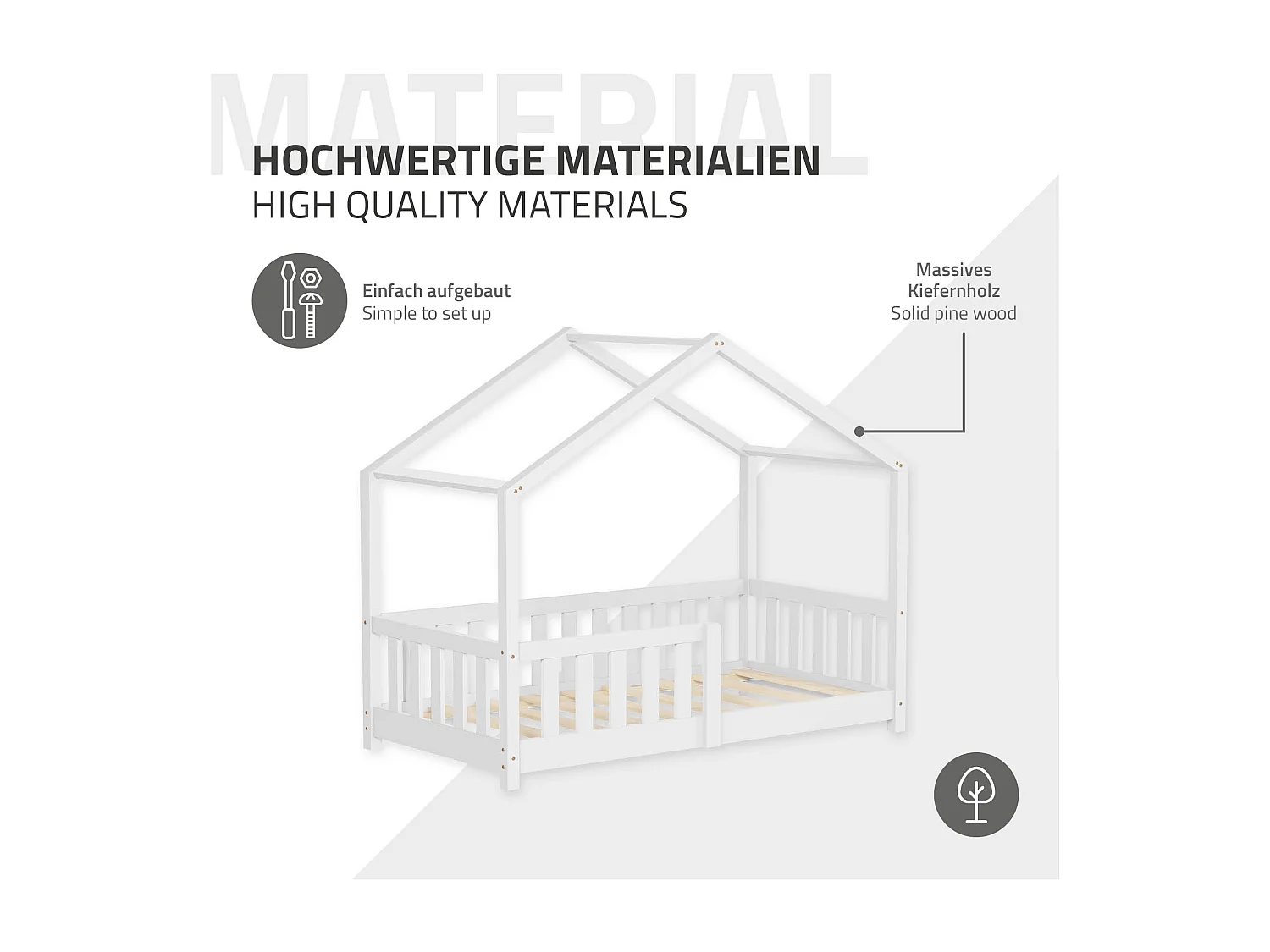 Lit cabane enfant 70x140 cm blanc en pin massif avec matelas, antichute, toit et sommier à lattes, couchage au sol Montessori pour fille garçon