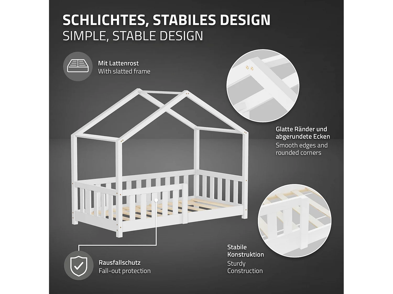 Lit cabane enfant 70x140 cm blanc en pin massif avec matelas, antichute, toit et sommier à lattes, couchage au sol Montessori pour fille garçon