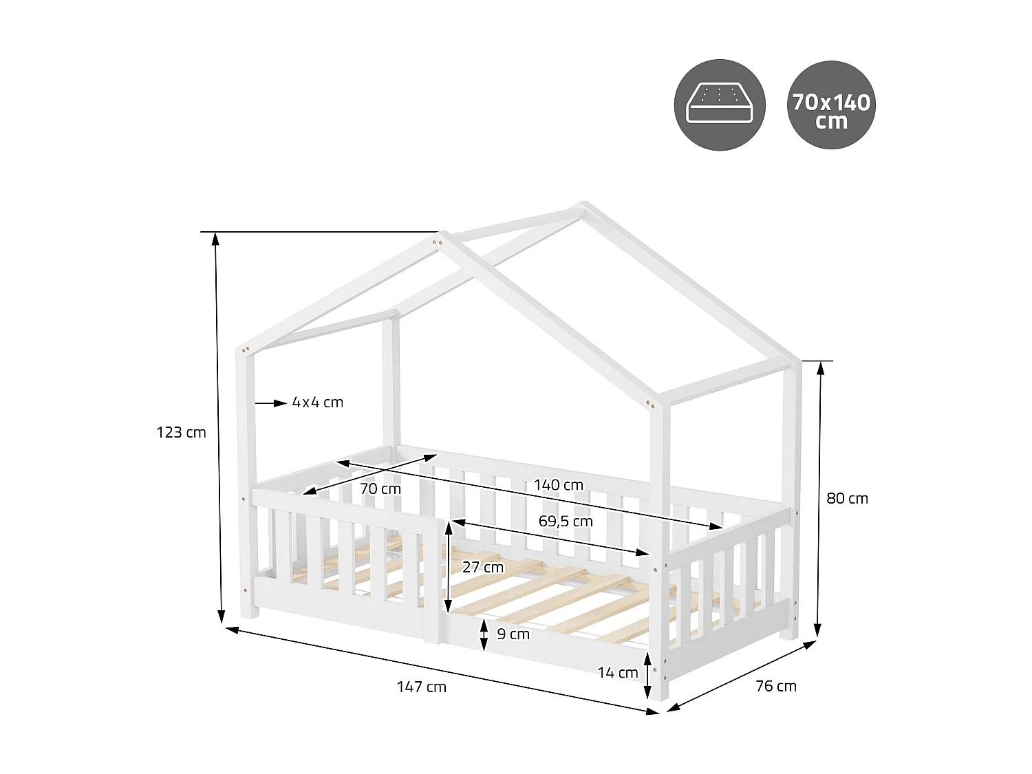 Lit cabane enfant 70x140 cm blanc en pin massif avec matelas, antichute, toit et sommier à lattes, couchage au sol Montessori pour fille garçon