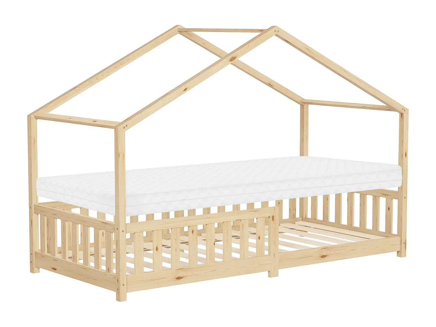 Lit cabane enfant 90x200 cm naturel pin massif avec matelas H10cm, antichute, toit et sommier à lattes, couchage au sol Montessori pour fille garçon