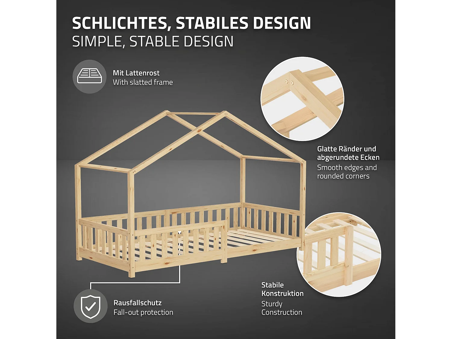 Lit cabane enfant 90x200 cm naturel pin massif avec matelas H10cm, antichute, toit et sommier à lattes, couchage au sol Montessori pour fille garçon