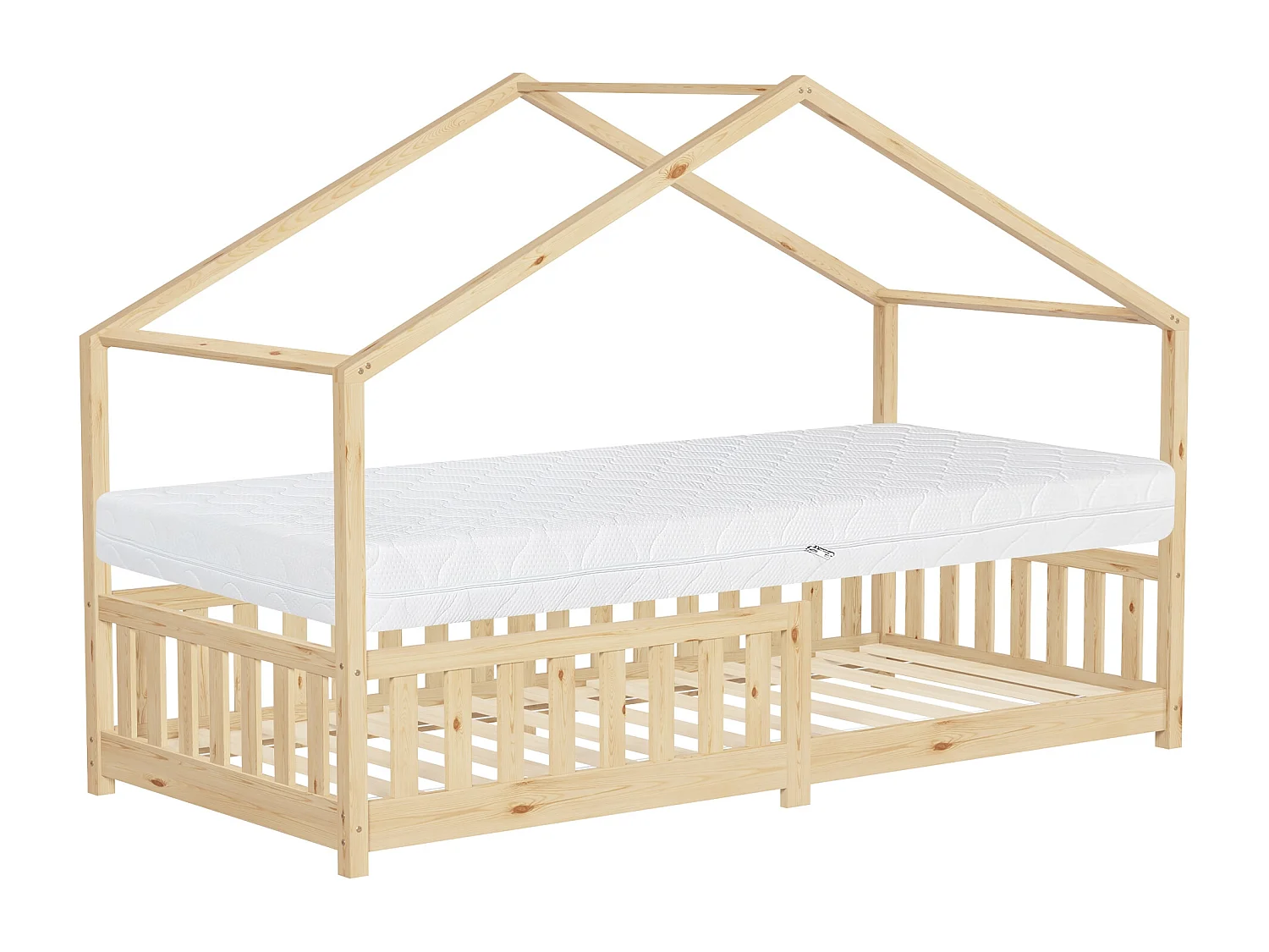 Lit cabane enfant 90x200 cm naturel pin massif avec matelas H16cm, antichute, toit et sommier à lattes, couchage au sol Montessori pour fille garçon