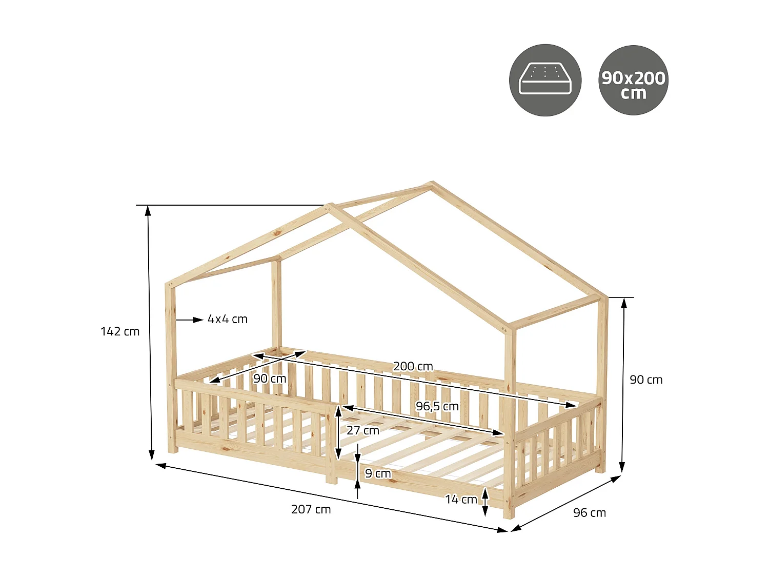 Lit cabane enfant 90x200 cm naturel pin massif avec matelas H16cm, antichute, toit et sommier à lattes, couchage au sol Montessori pour fille garçon