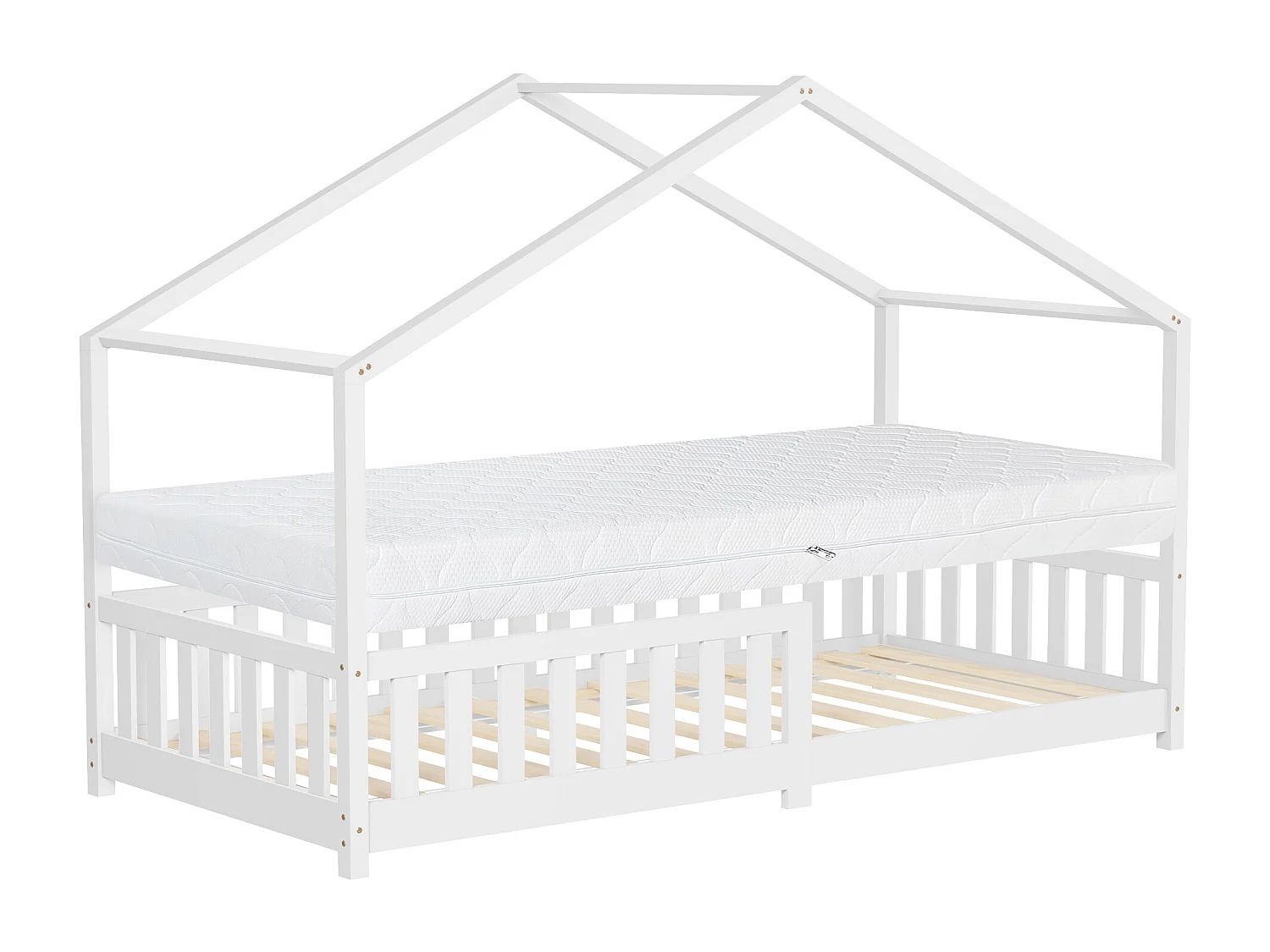 Lit cabane enfant 90x200 cm blanc pin massif avec matelas H16cm, antichute, toit et sommier à lattes, couchage au sol Montessori pour fille garçon