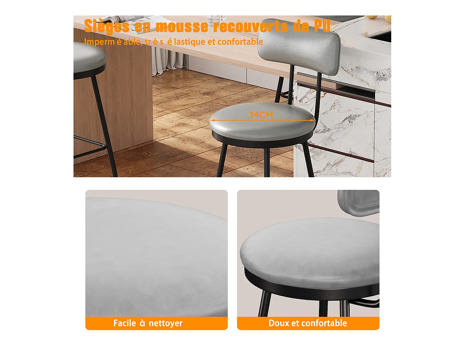 Set van 2 donkergrijze kunstleren barstoelen, modern design met ergonomische rugleuning, stevig metalen frame, comfortabel en gemakkelijk schoon te maken