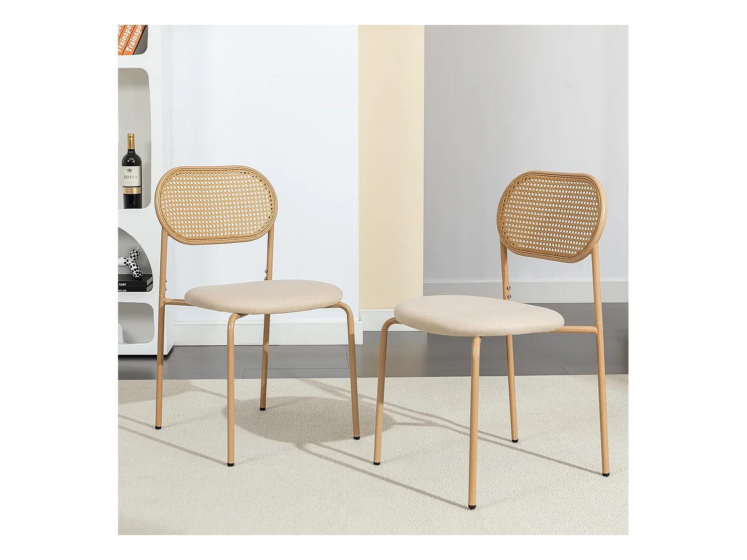 Conjunto de 2 cadeiras de jantar de vime PE bege com assento acolchoado de PU, estilo natural e moderno