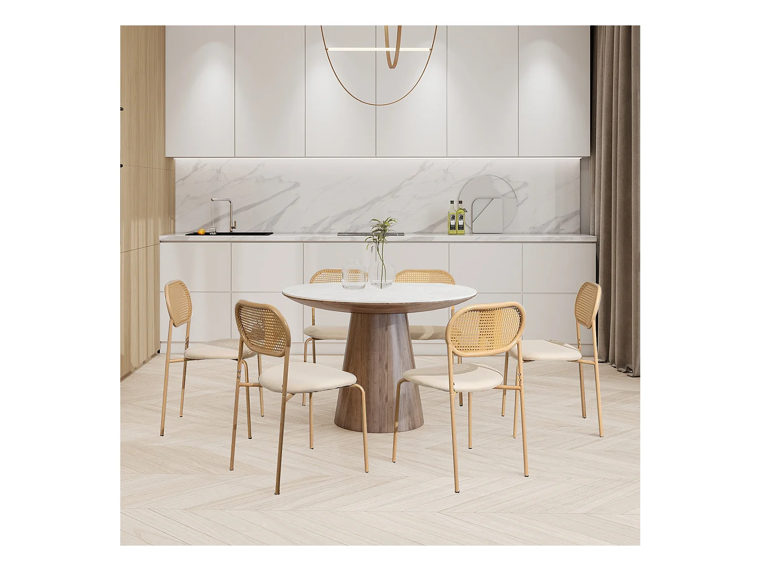 Conjunto de 2 cadeiras de jantar de vime PE bege com assento acolchoado de PU, estilo natural e moderno