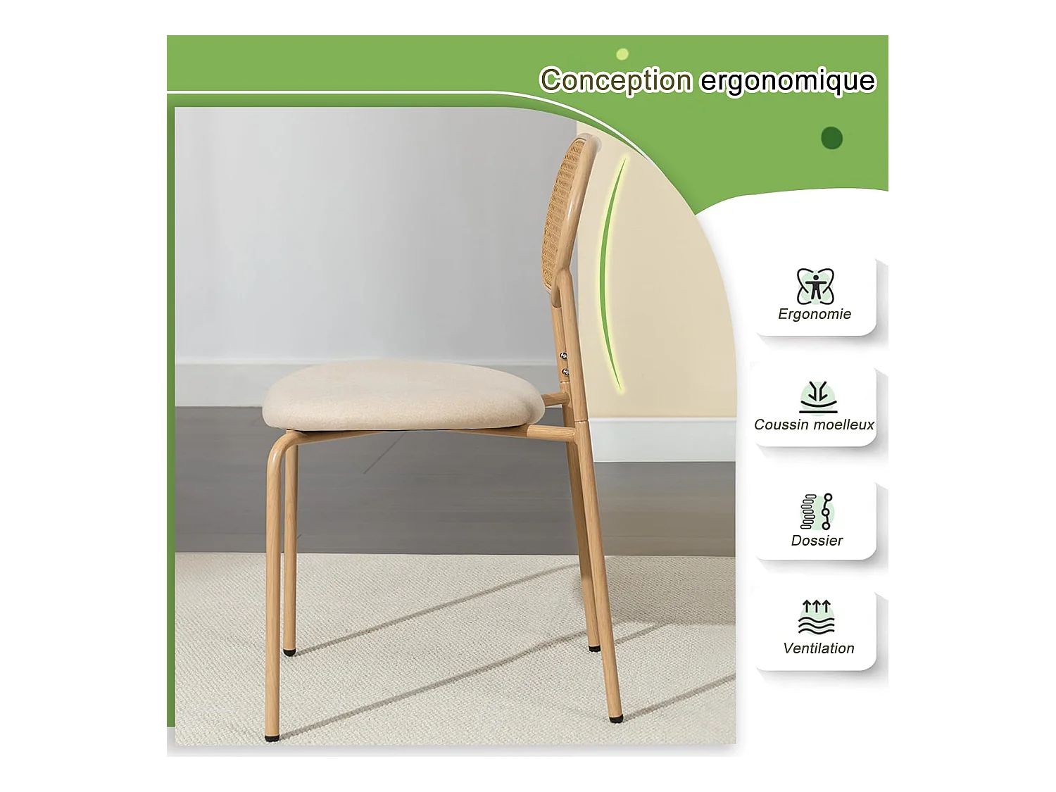 Conjunto de 2 cadeiras de jantar de vime PE bege com assento acolchoado de PU, estilo natural e moderno