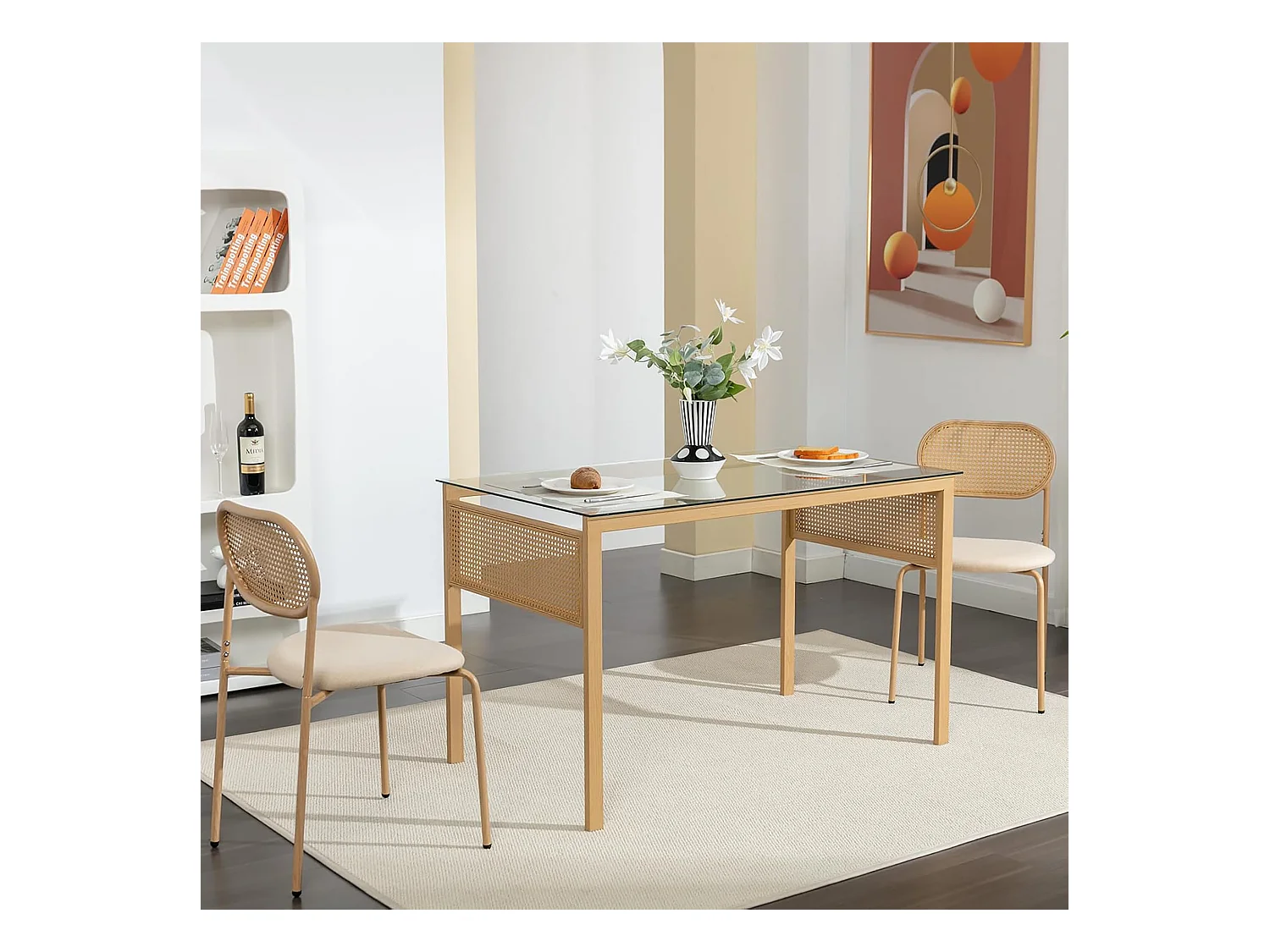 Conjunto de 2 cadeiras de jantar de vime PE bege com assento acolchoado de PU, estilo natural e moderno