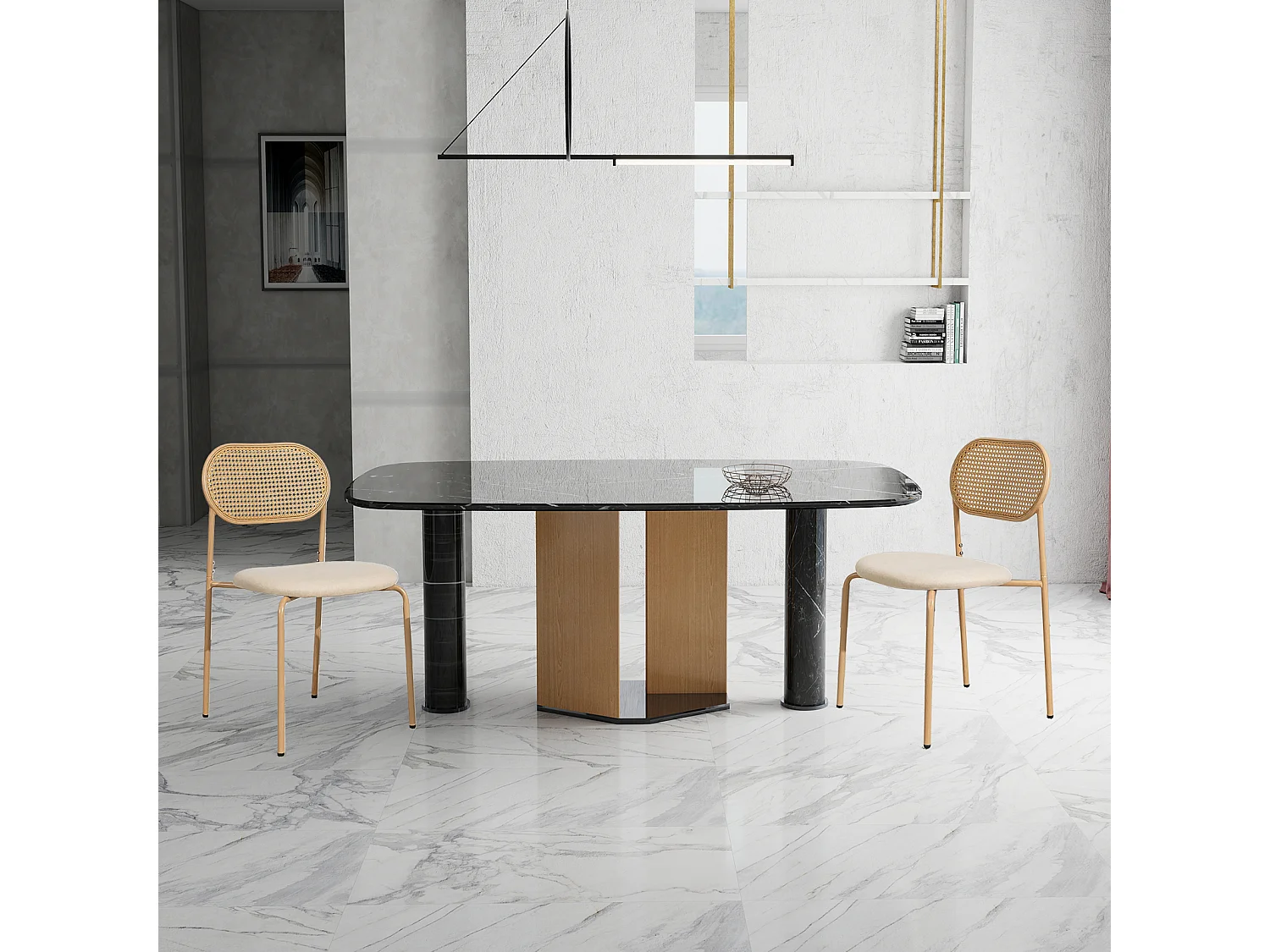 Lot de 2 chaises de salle à manger en rotin PE beige avec assise rembourrée en PU, style naturel et moderne