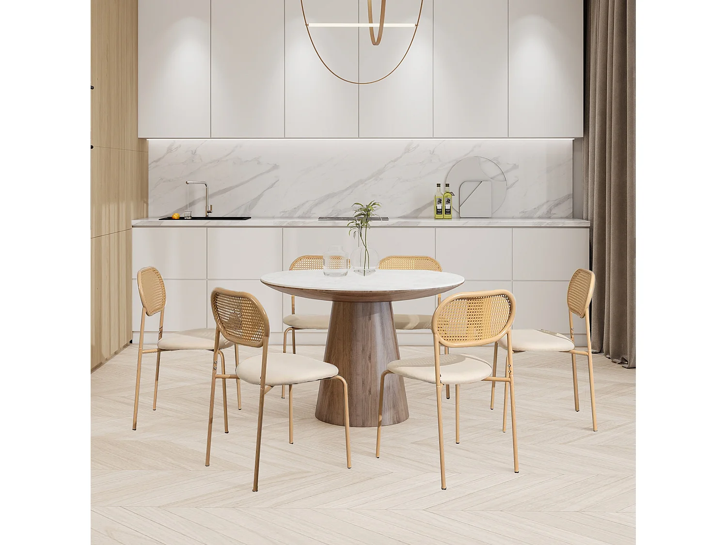 Lot de 2 chaises de salle à manger en rotin PE beige avec assise rembourrée en PU, style naturel et moderne