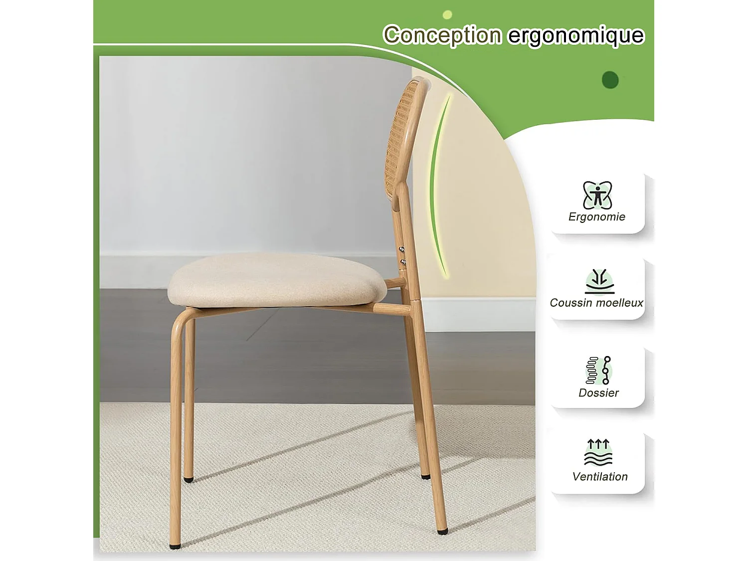 Lot de 2 chaises de salle à manger en rotin PE beige avec assise rembourrée en PU, style naturel et moderne