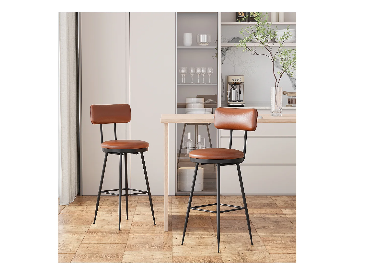 Set van 2 bruine kunstleren barkrukken, modern en minimalistisch design, stevig metalen frame, comfortabel met rugleuning en gemakkelijk schoon te maken