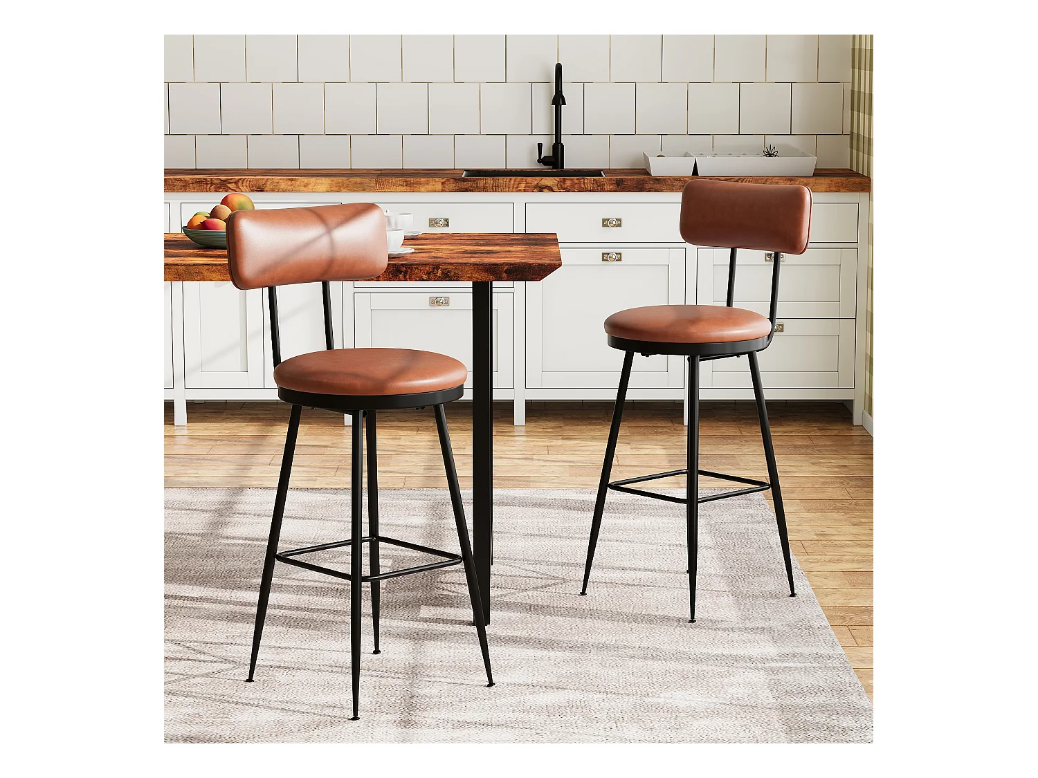 Set van 2 bruine kunstleren barkrukken, modern en minimalistisch design, stevig metalen frame, comfortabel met rugleuning en gemakkelijk schoon te maken