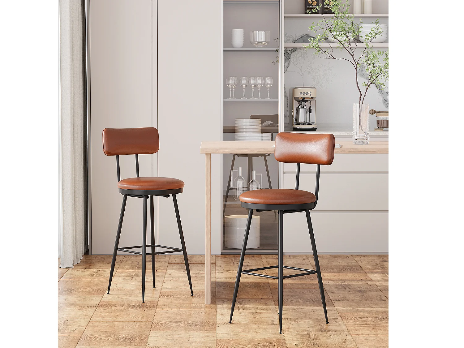 Lot de 2 chaises de bar en similicuir marron, design moderne et minimaliste, cadre métallique robuste, confortables avec dossier et faciles à nettoyer
