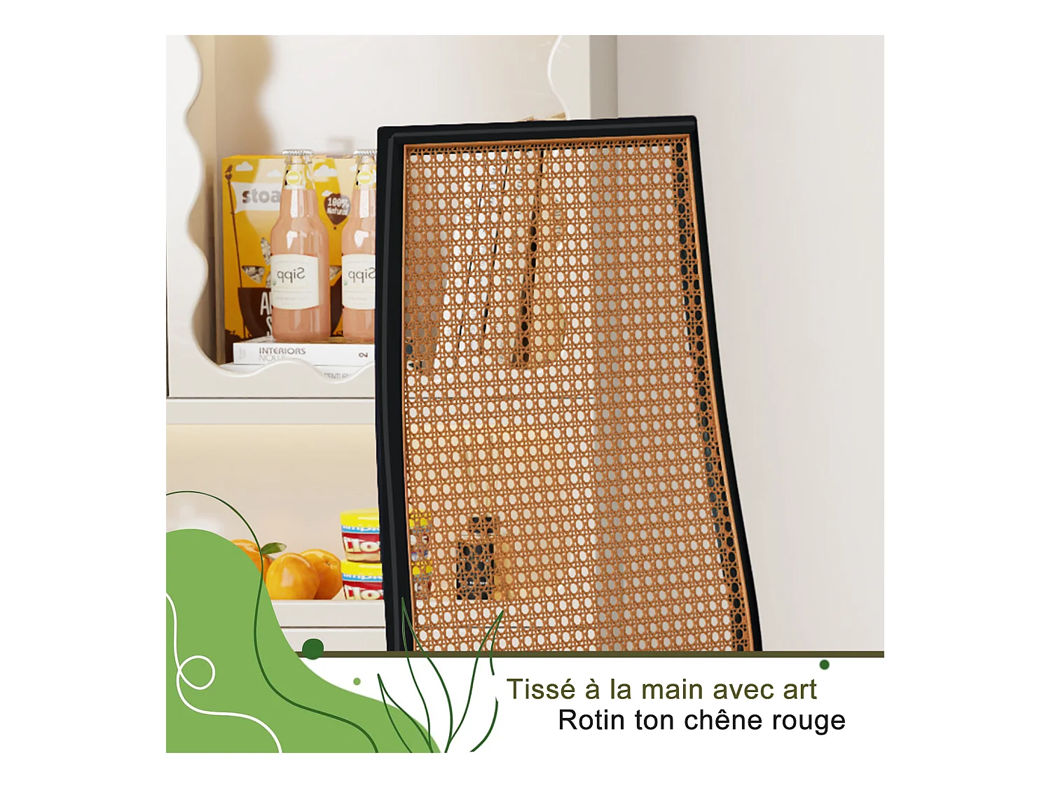 Sedia da pranzo PH in rattan nero con struttura in legno e design naturale, ideale per cucina e sala da pranzo