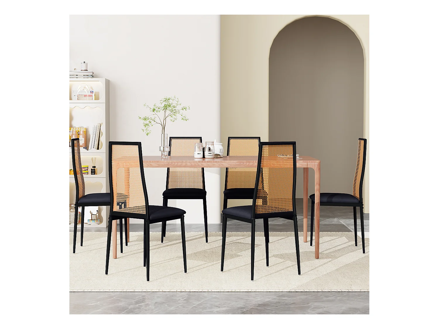 Sedia da pranzo PH in rattan nero con struttura in legno e design naturale, ideale per cucina e sala da pranzo